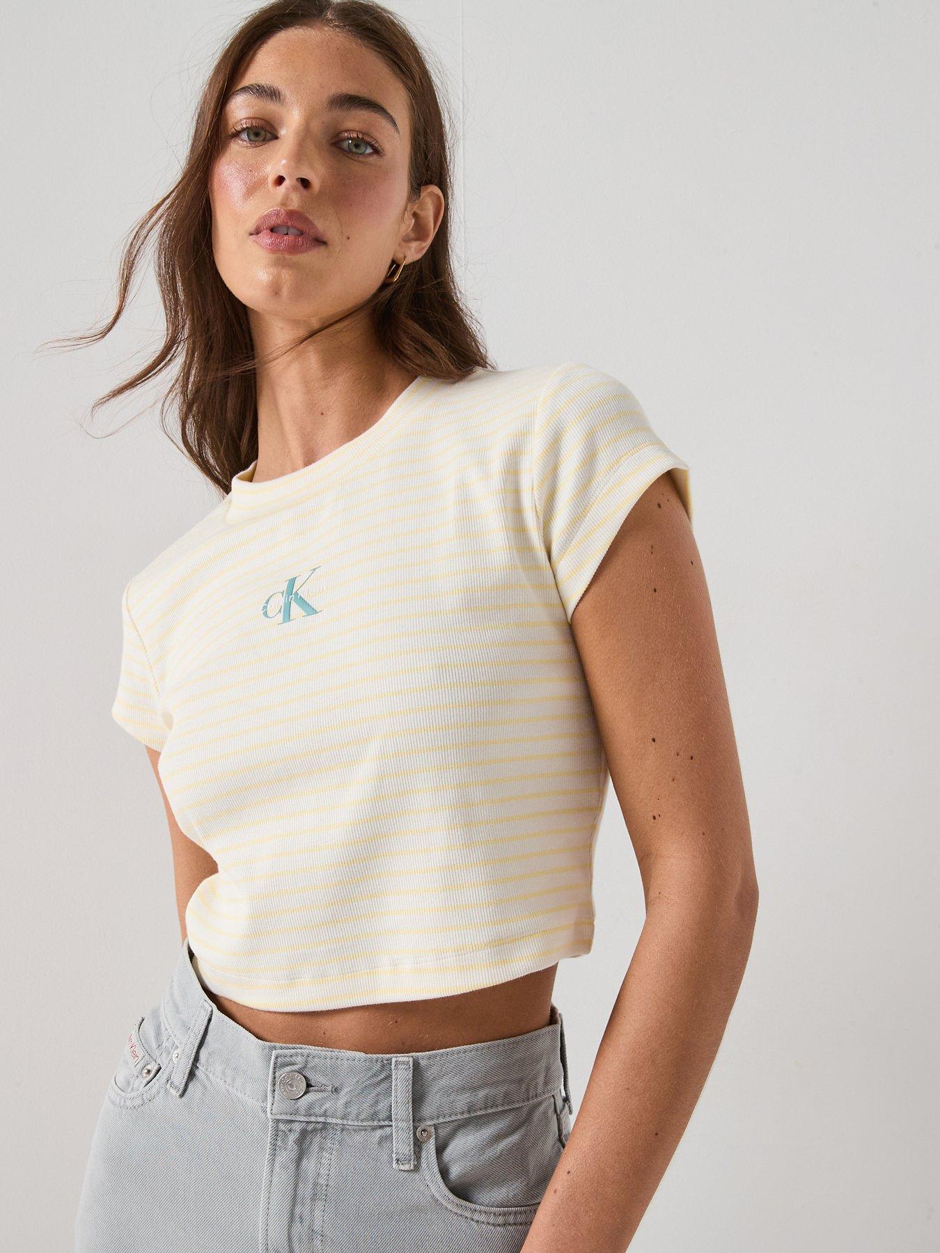 Calvin Klein Jeans Striped Monologo Baby Rib T-Shirt - White