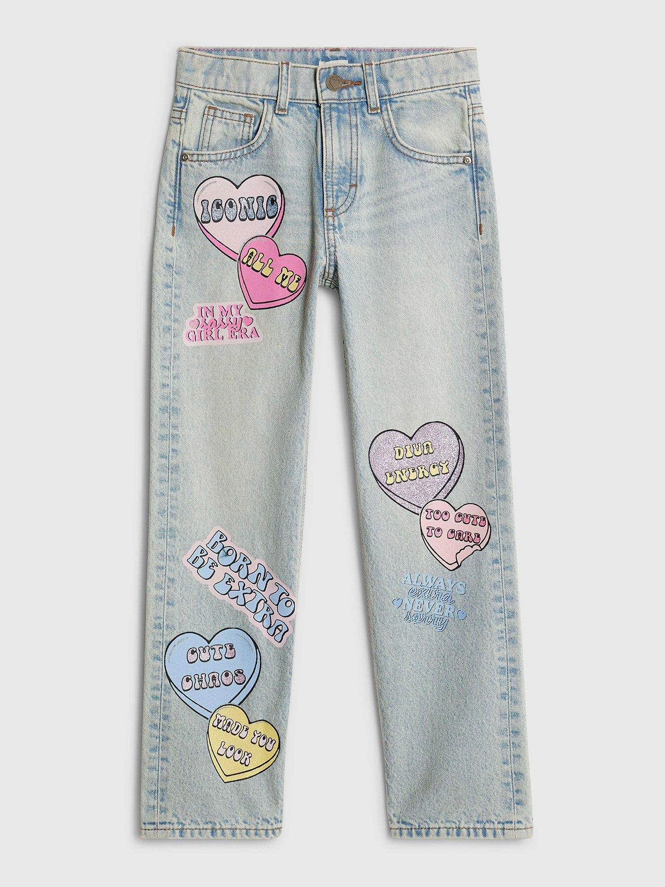 Image 1 of 4 of River Island Older Girls Love Heart Graffiti Straight Jeans - Blue