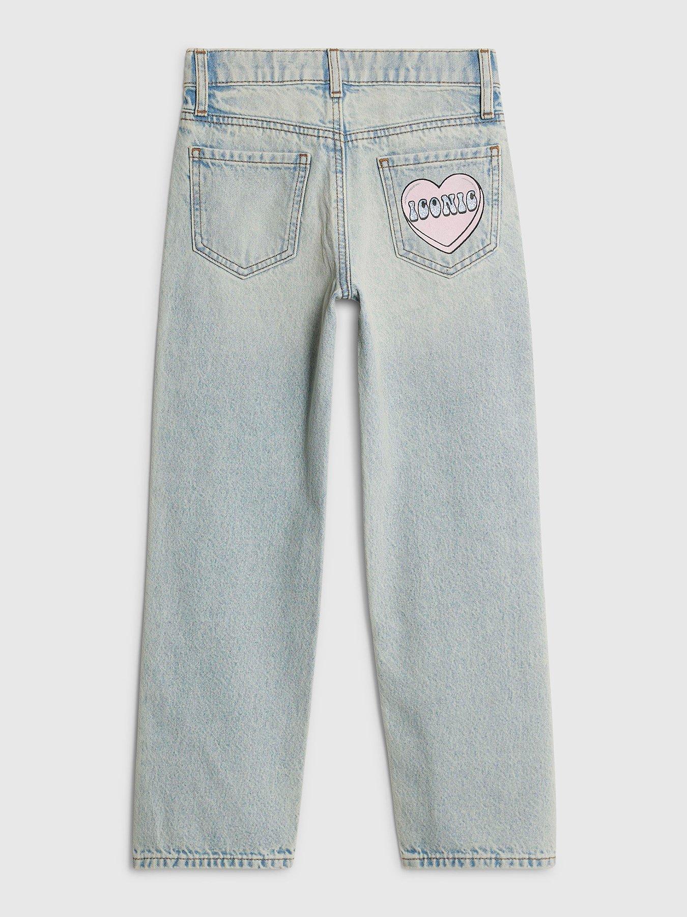 Image 2 of 4 of River Island Older Girls Love Heart Graffiti Straight Jeans - Blue