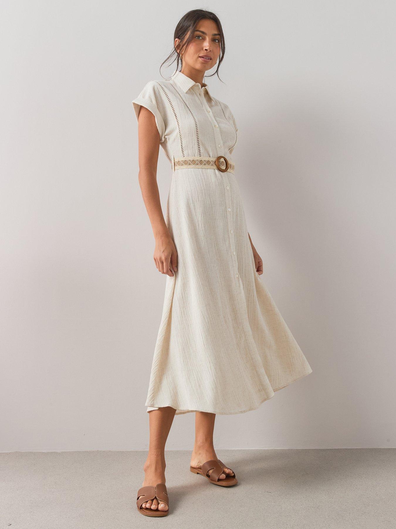 Image 1 of 7 of The Very Collection Contrast Belt Midi Shirt Dress - Beige