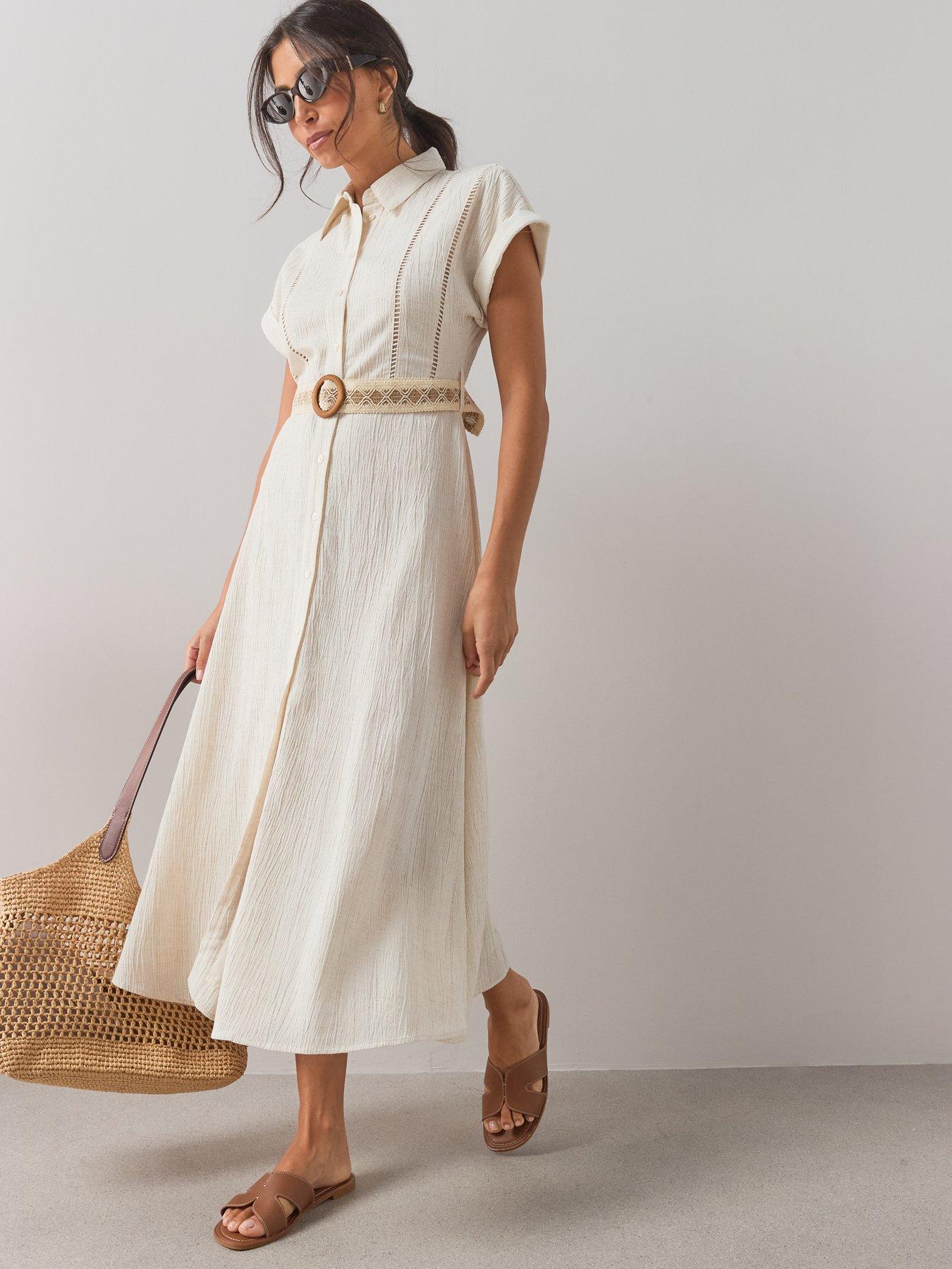 Image 3 of 7 of The Very Collection Contrast Belt Midi Shirt Dress - Beige