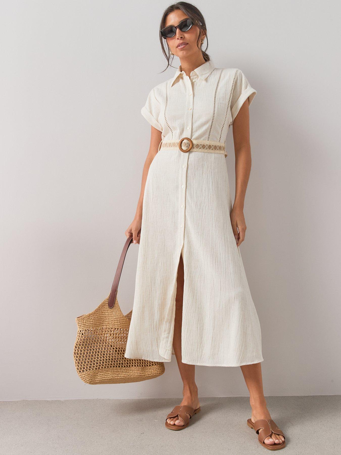 Image 4 of 7 of The Very Collection Contrast Belt Midi Shirt Dress - Beige