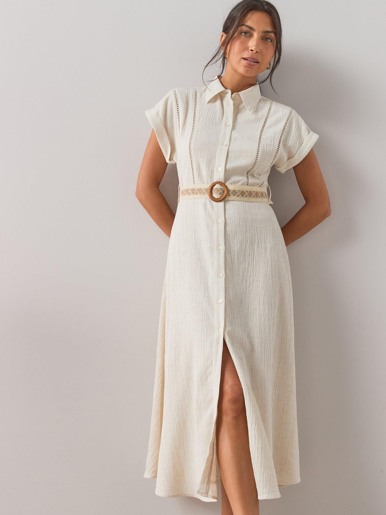 Image 5 of 7 of The Very Collection Contrast Belt Midi Shirt Dress - Beige