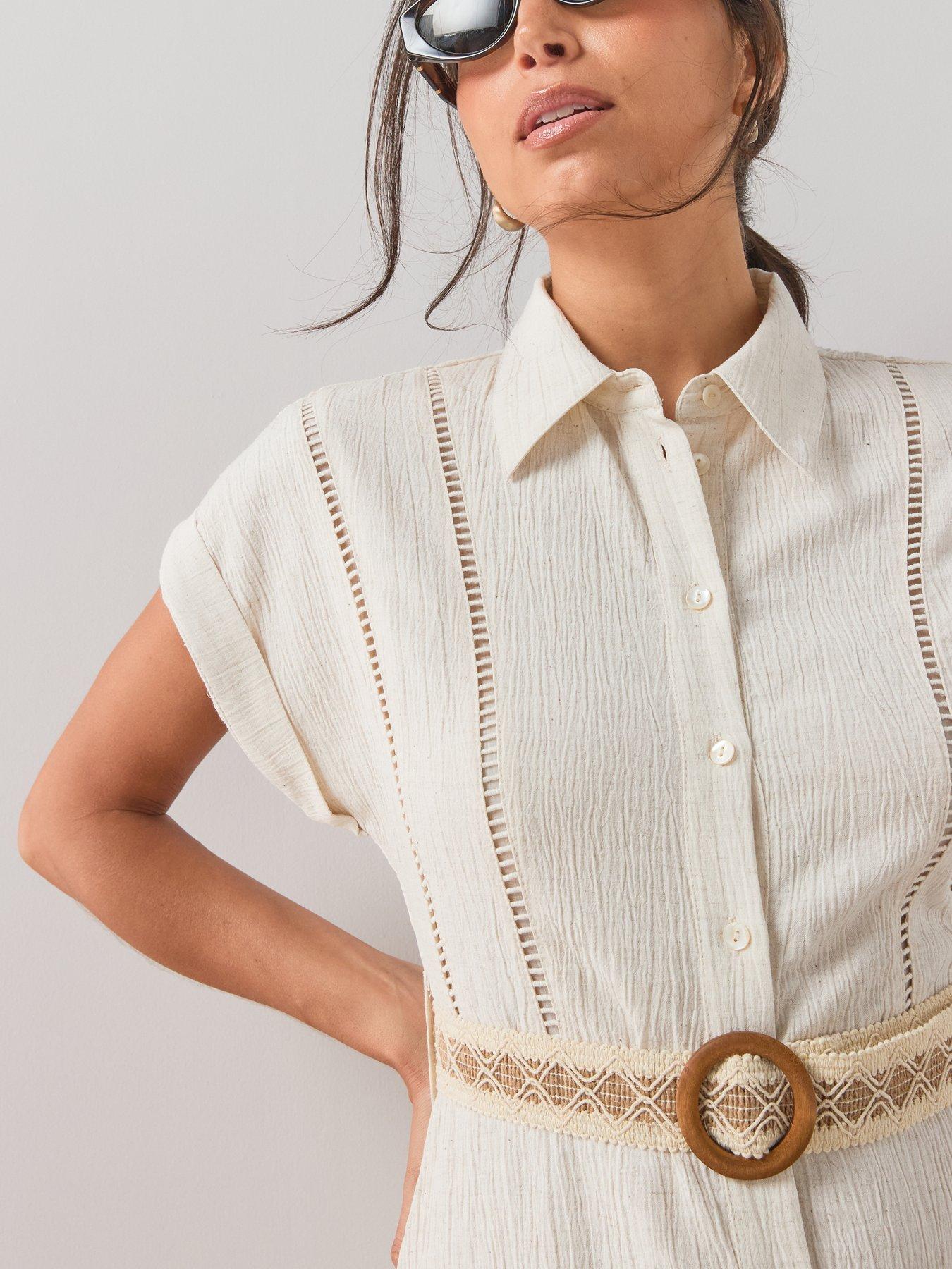 Image 6 of 7 of The Very Collection Contrast Belt Midi Shirt Dress - Beige