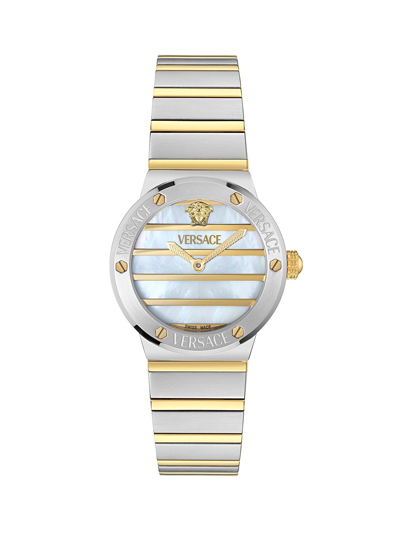 front image of versace-greca-logo-pearl-28mm-2-tone-case-ladies-watch