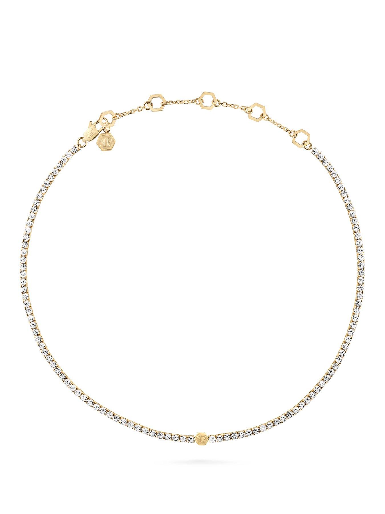  image of philipp-plein-plein-tennis-ip-yellow-gold-tone-white-crystals-3d-hexagon-necklace