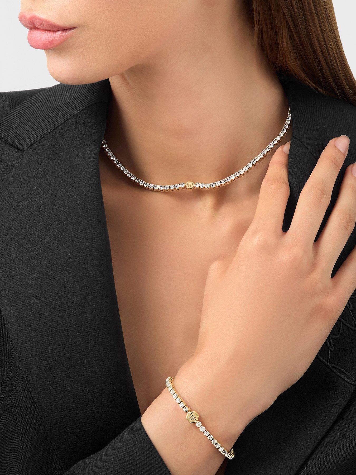  image of philipp-plein-plein-tennis-ip-yellow-gold-tone-white-crystals-3d-hexagon-necklace