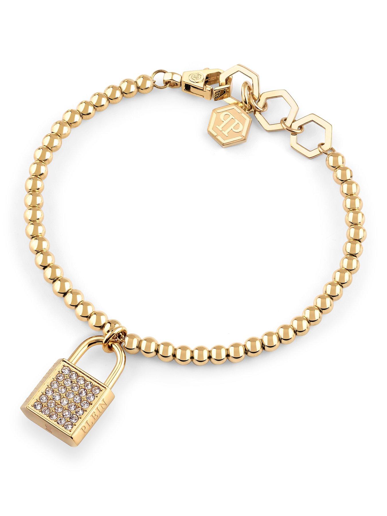  image of philipp-plein-valentine-gold-tone-white-crystal-lock-detail-bracelet