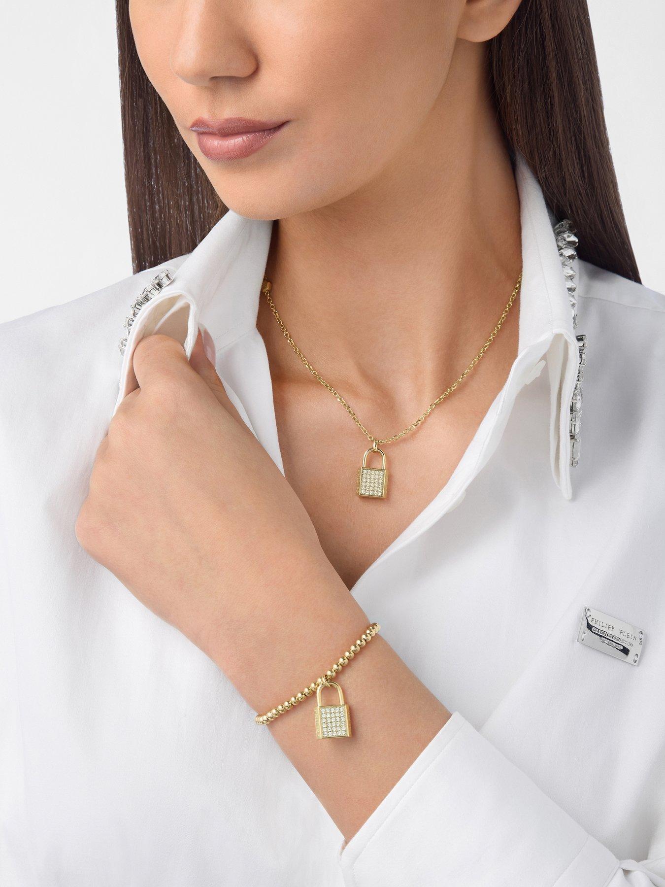  image of philipp-plein-valentine-gold-tone-white-crystal-lock-detail-bracelet