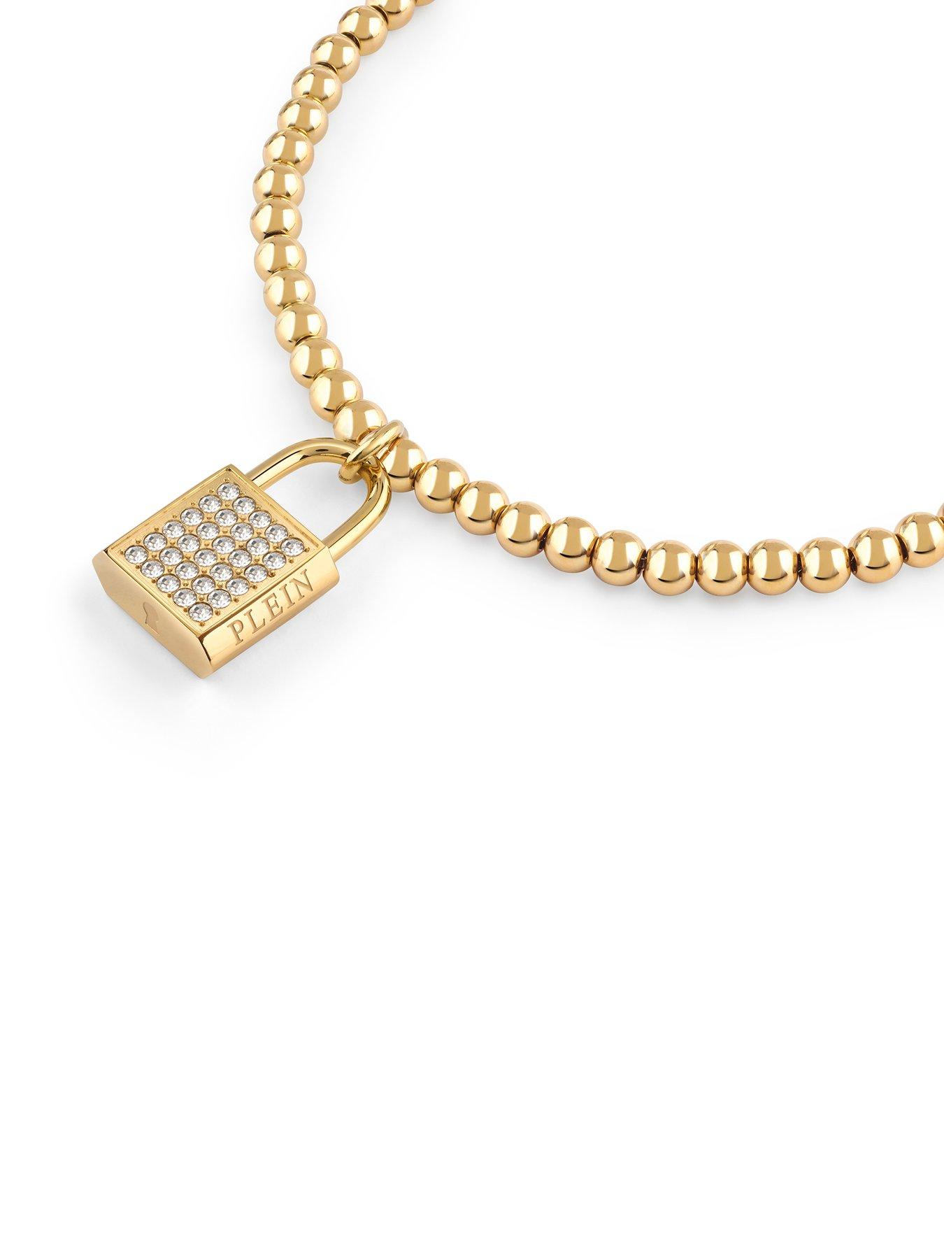  image of philipp-plein-valentine-gold-tone-white-crystal-lock-detail-bracelet