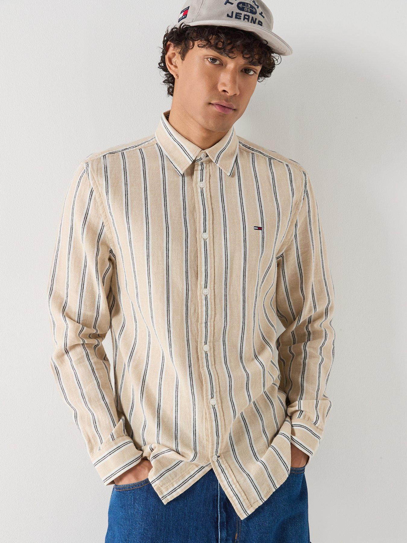 Tommy Jeans Regular Fit Linen Mix Striped Shirt - White Clay Stripes