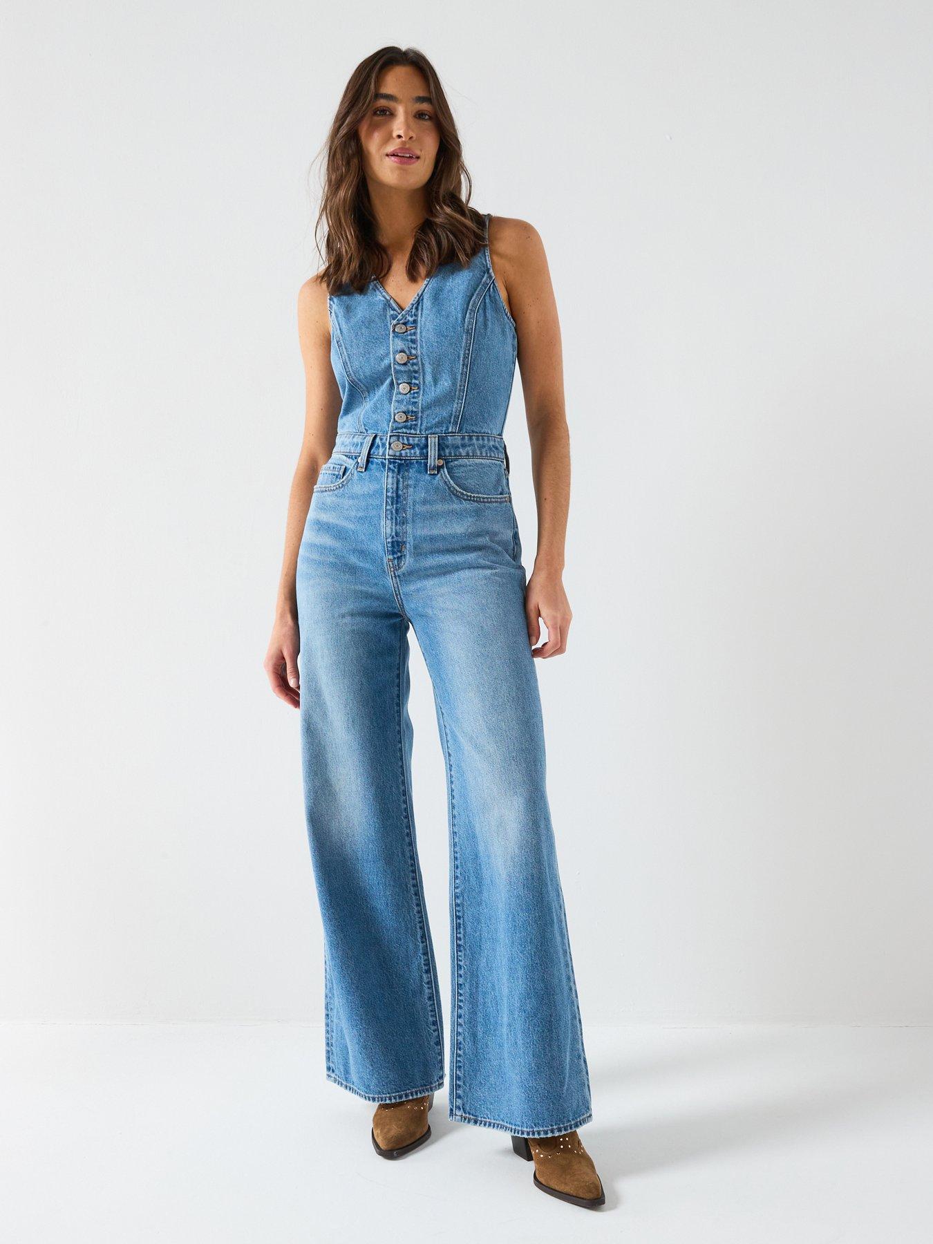 Image 1 of 6 of Levi's Levi&rsquo;s Button-Front Denim Wide-Leg Jumpsuit &ndash; Own It Blue