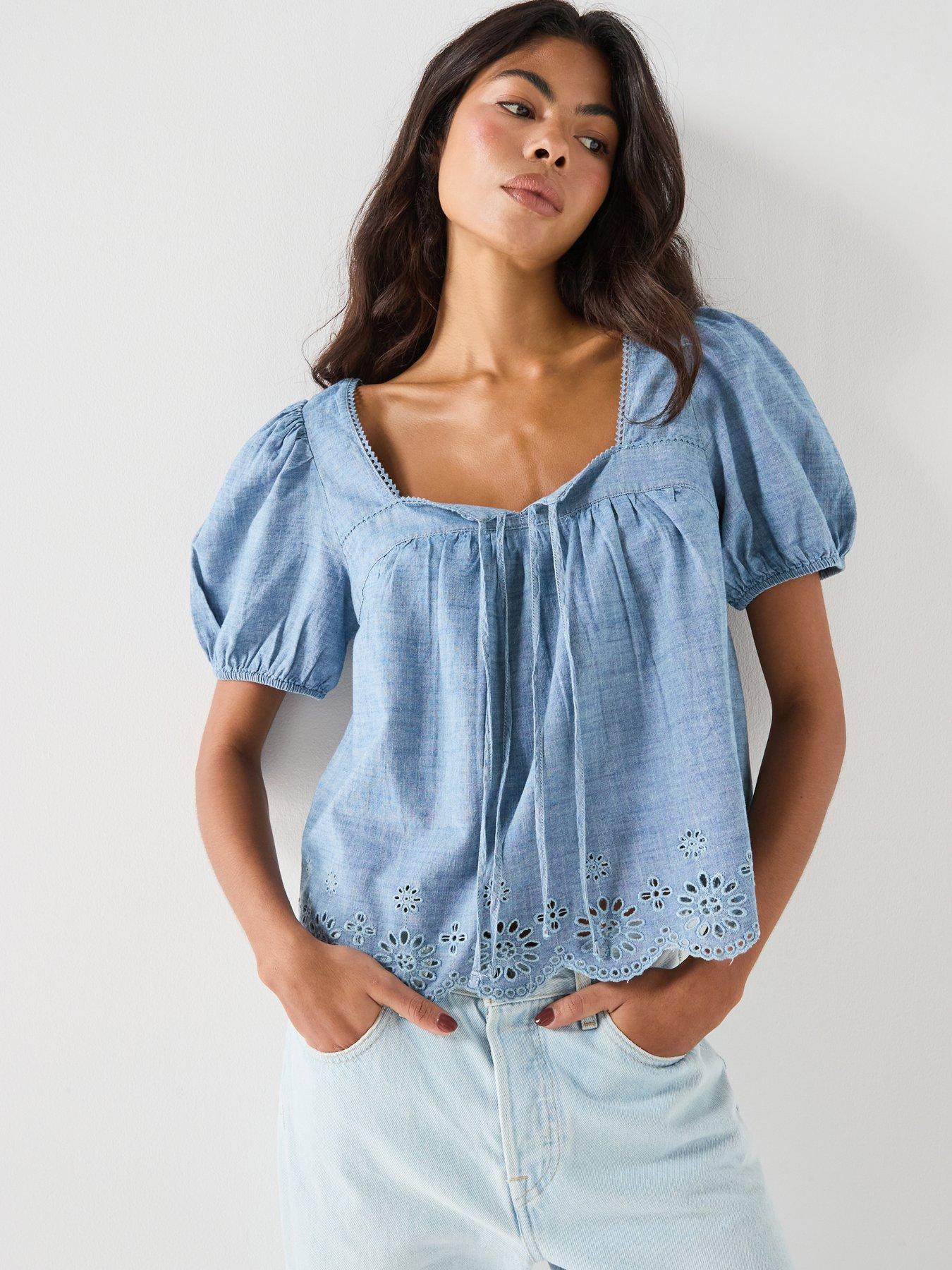 Image 1 of 6 of Levi's Darling Short Sleeve Cutwork Blouse - Blue