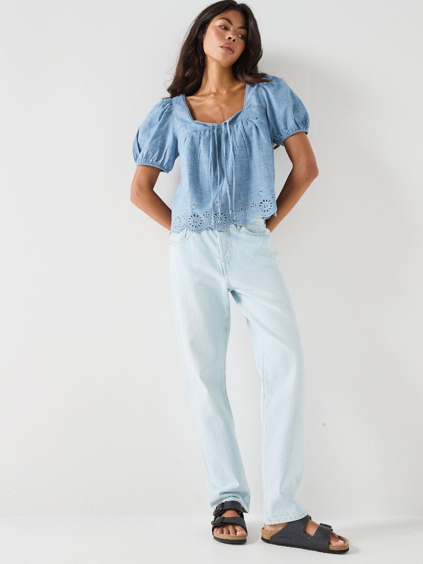 Image 3 of 6 of Levi's Darling Short Sleeve Cutwork Blouse - Blue