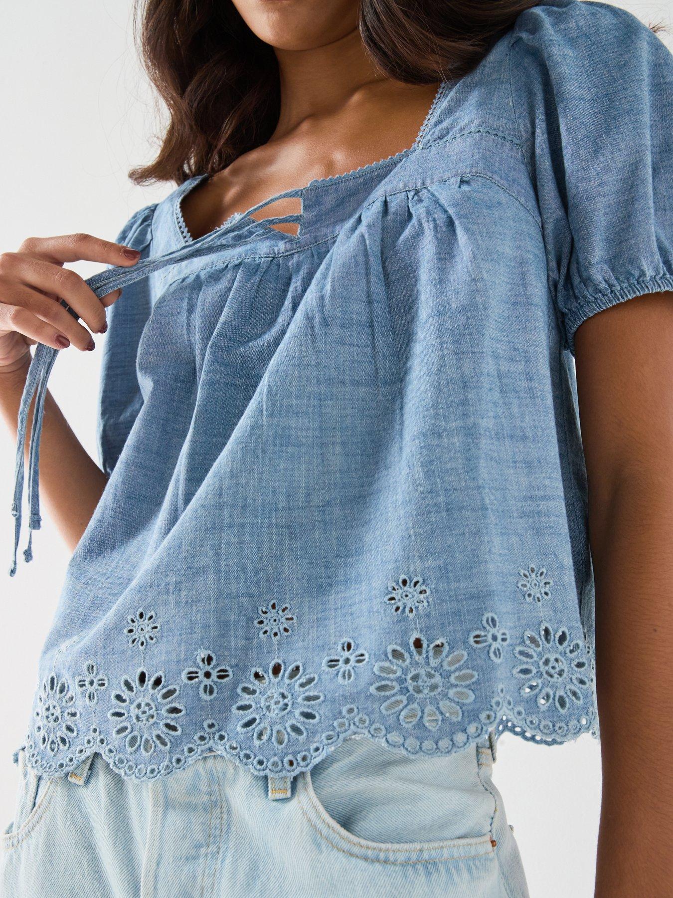 Image 4 of 6 of Levi's Darling Short Sleeve Cutwork Blouse - Blue