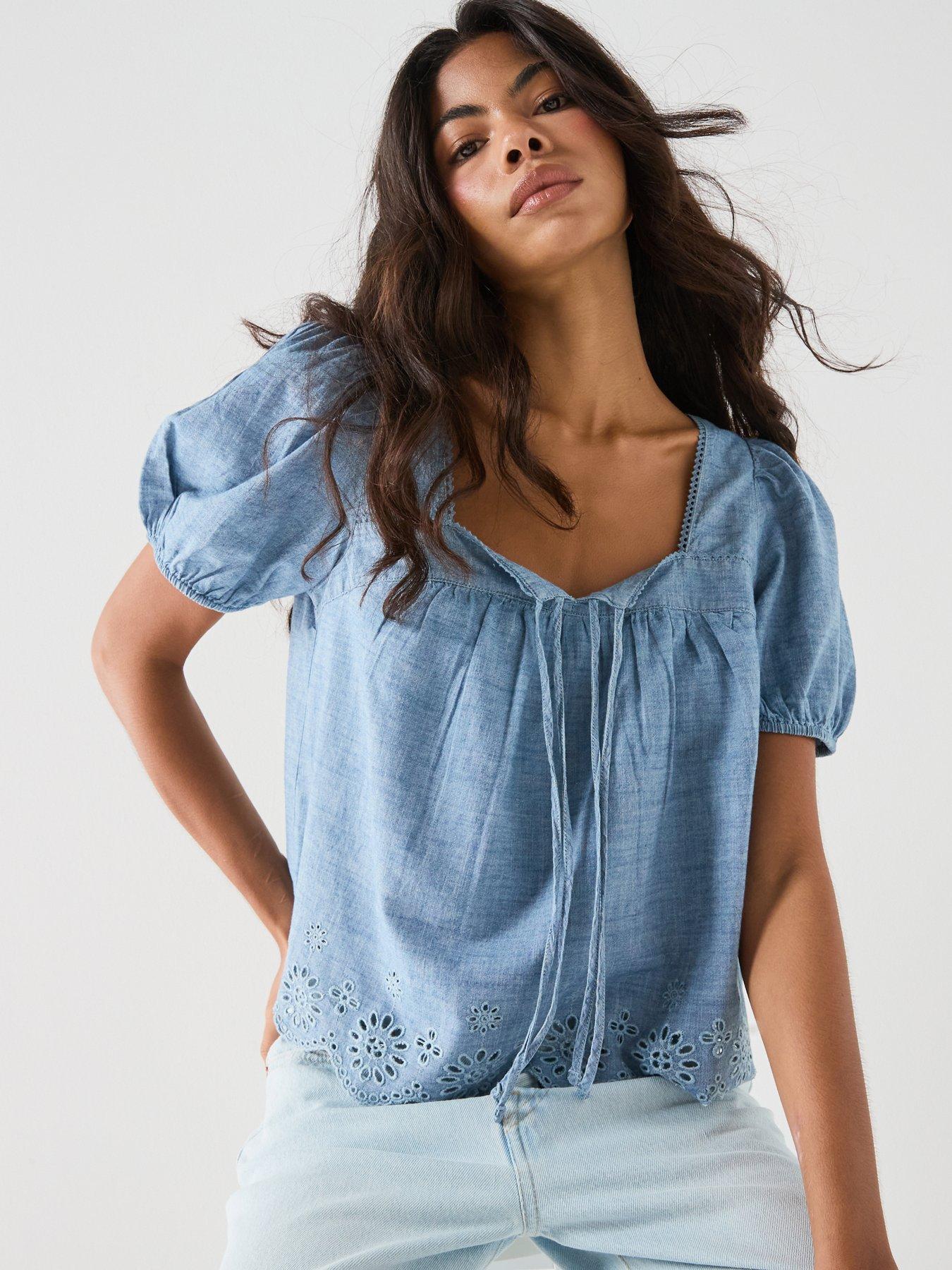 Image 5 of 6 of Levi's Darling Short Sleeve Cutwork Blouse - Blue