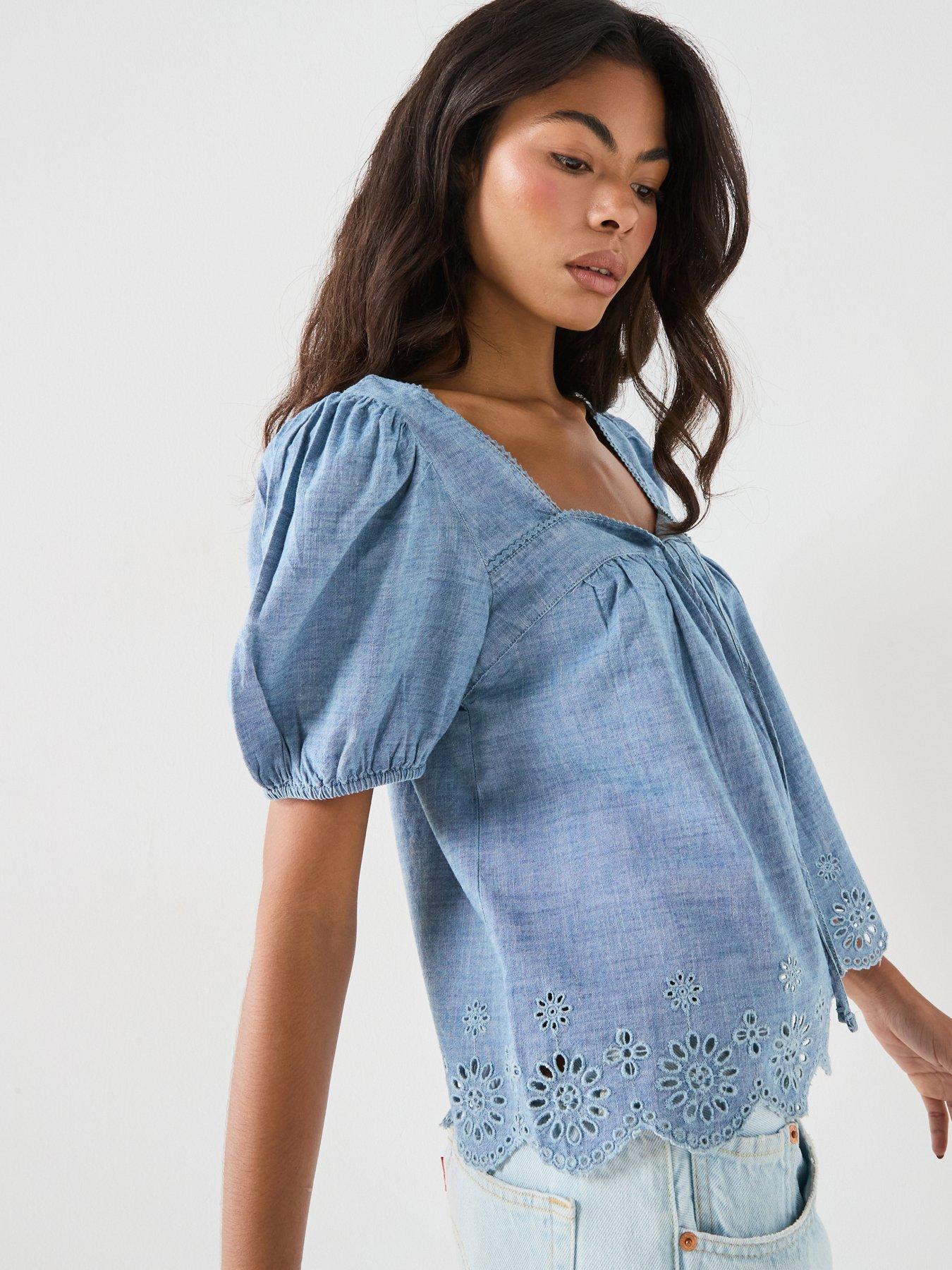 Image 6 of 6 of Levi's Darling Short Sleeve Cutwork Blouse - Blue