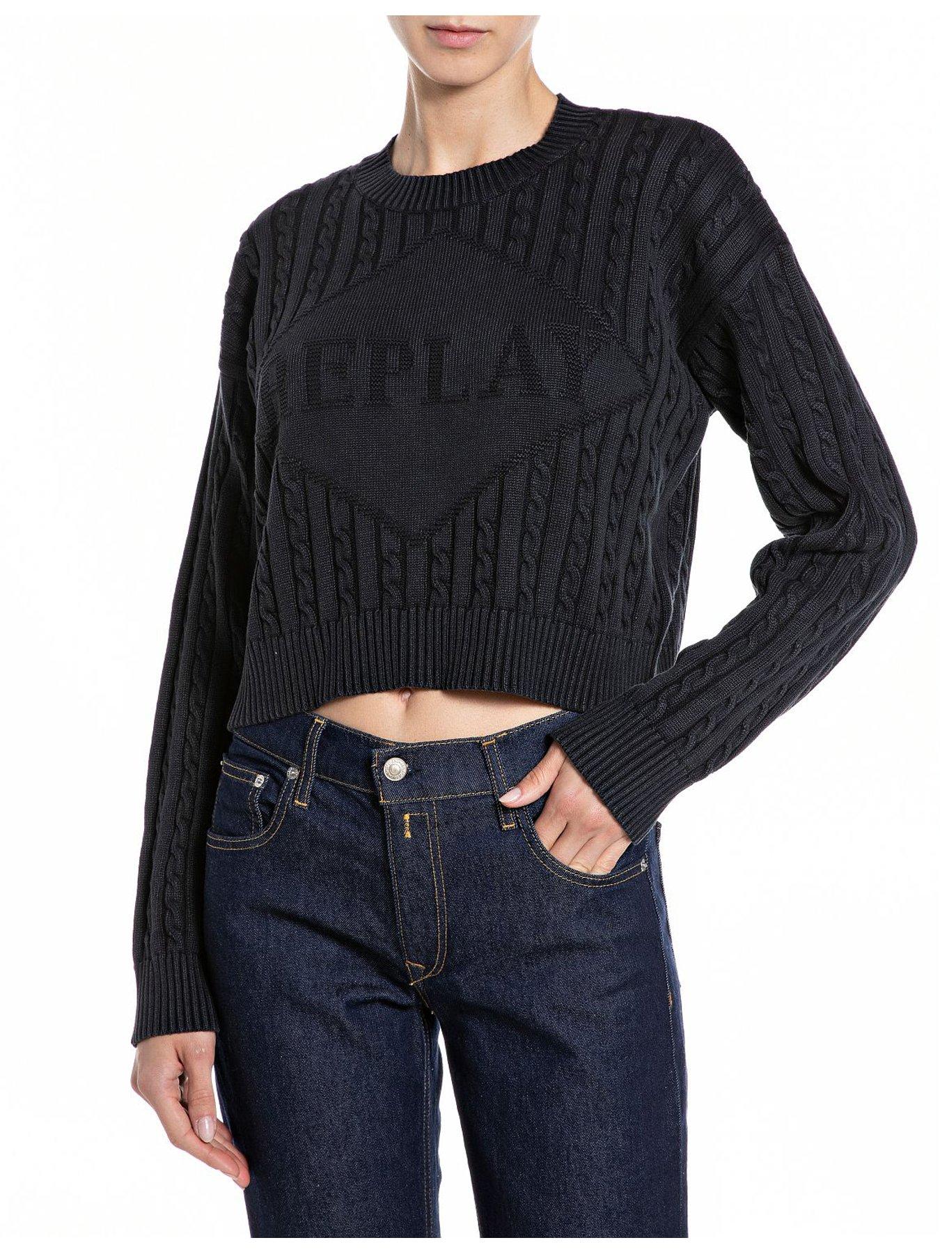 Image 1 of 2 of Replay Logo Long Sleeve Knit Top - Grey