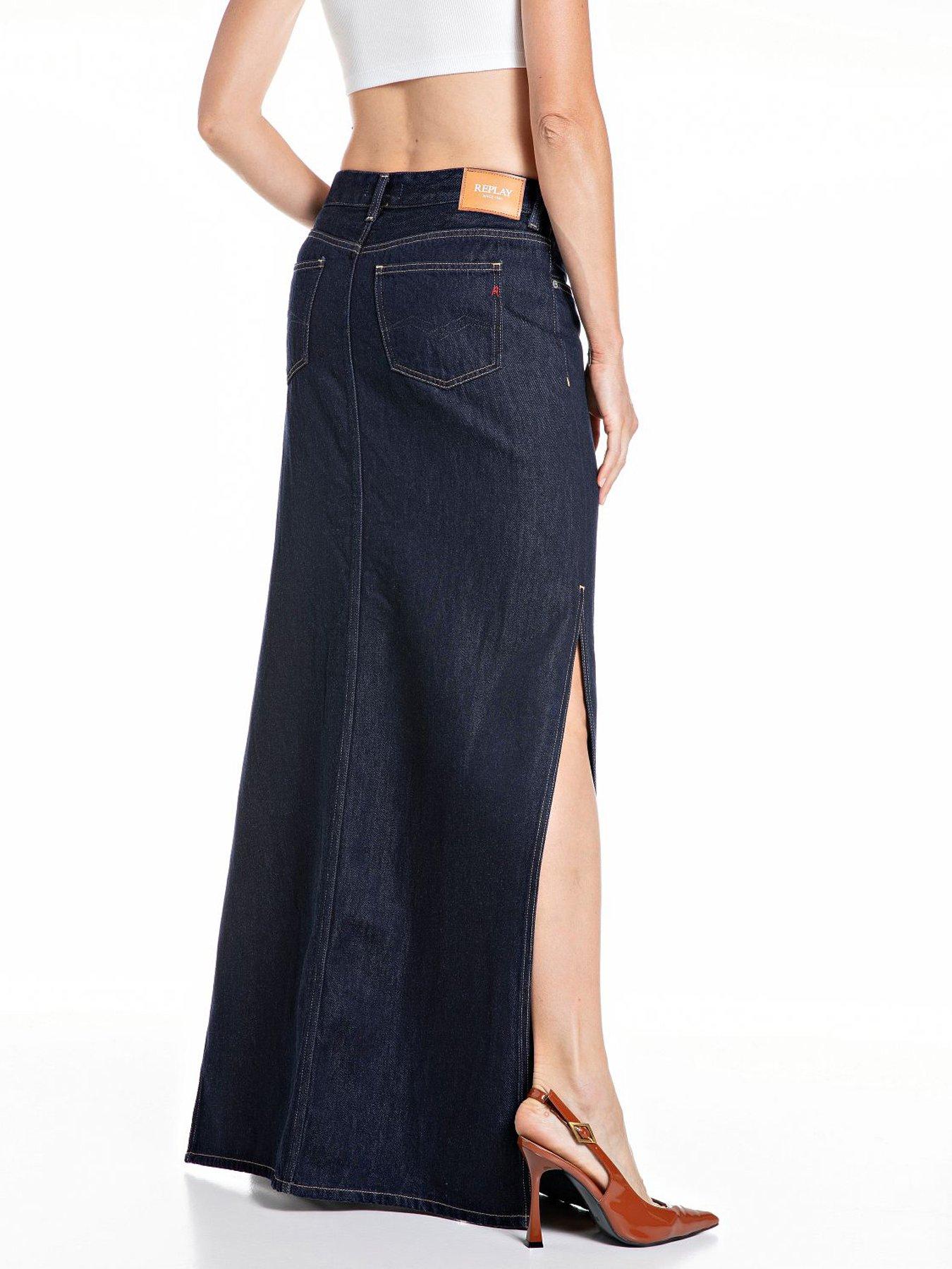 Image 2 of 3 of Replay Deep Split Denim Maxi Skirt - Blue