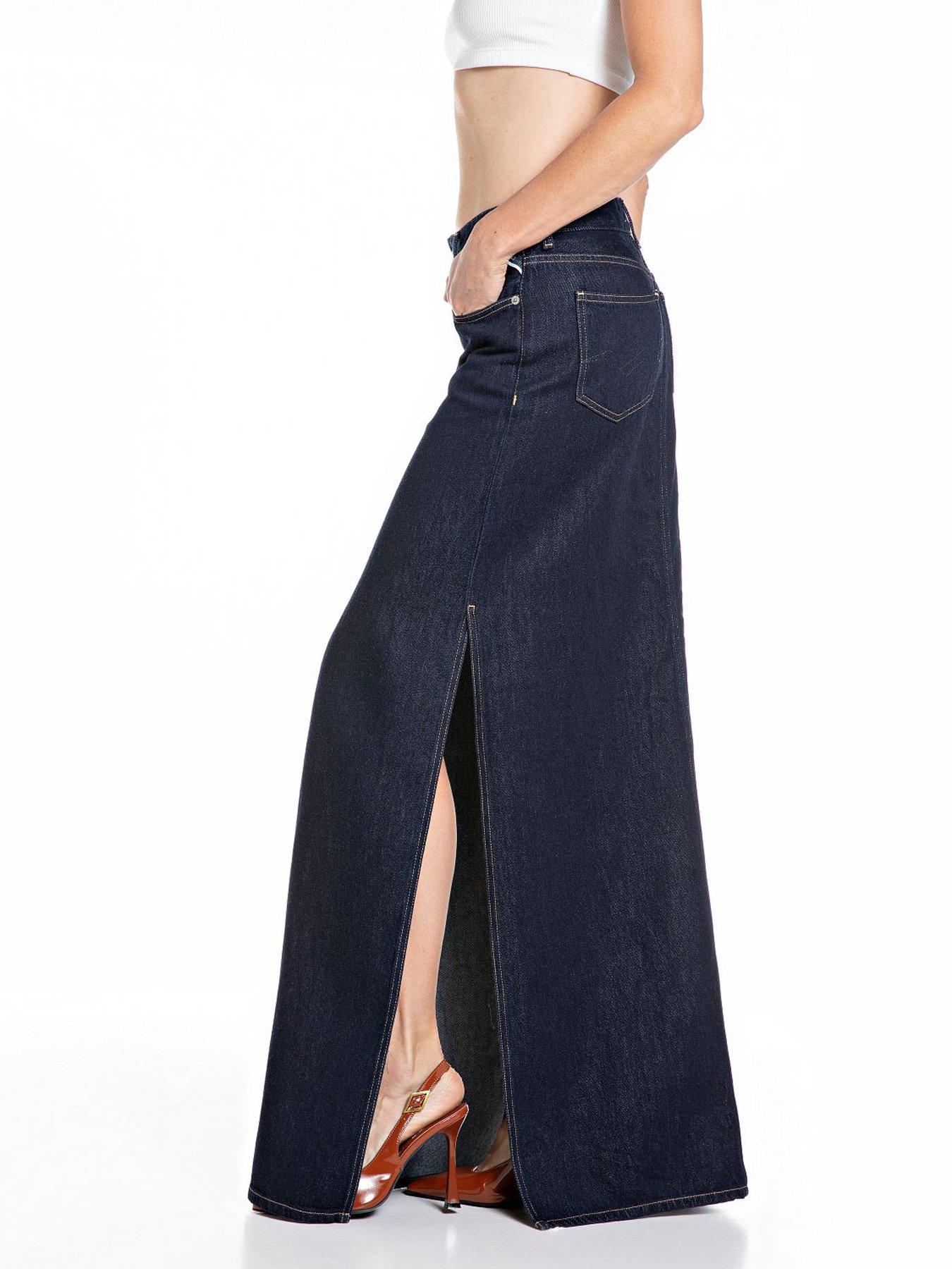 Image 3 of 3 of Replay Deep Split Denim Maxi Skirt - Blue