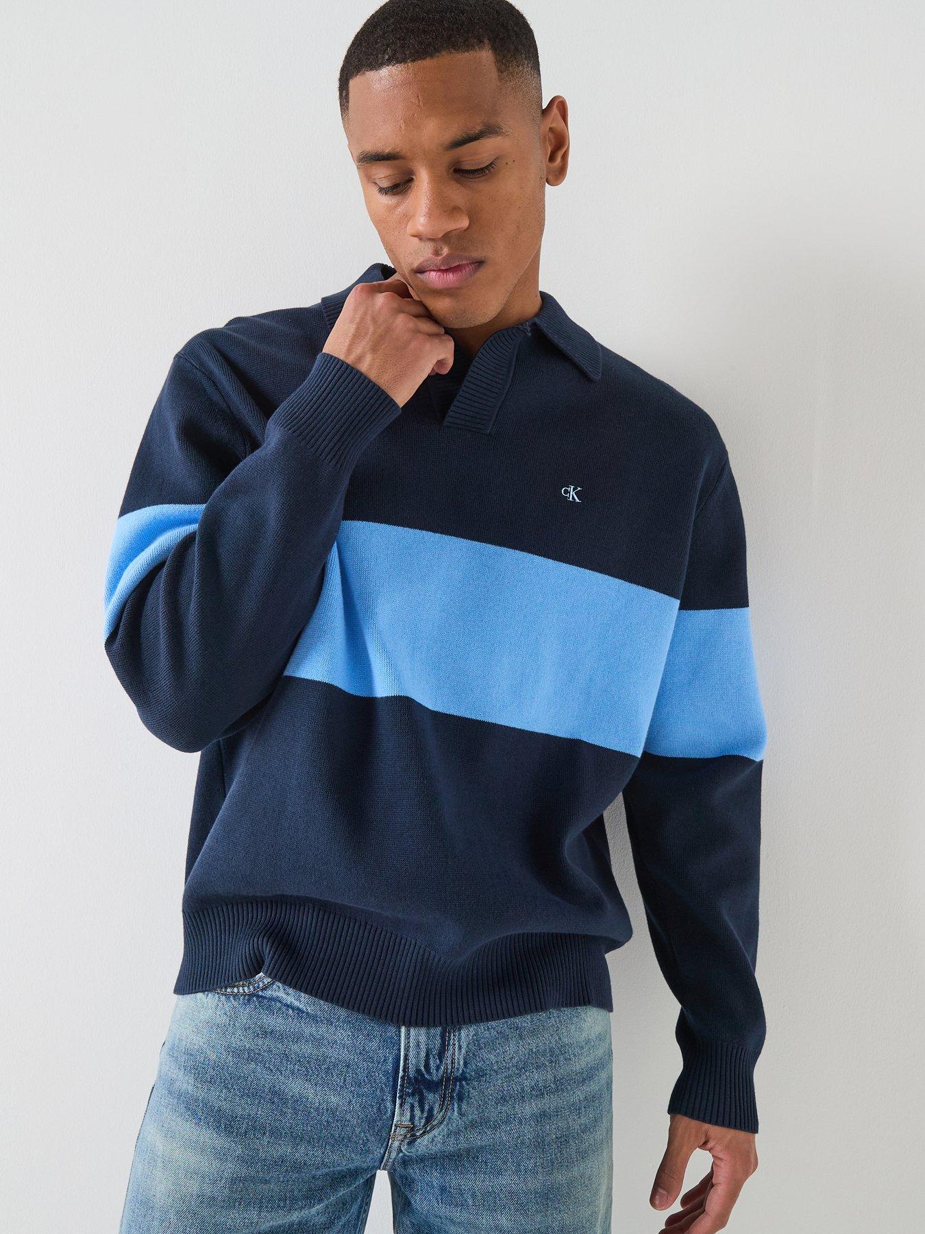 Calvin Klein Jeans Placed Stripe Knitted Polo Jumper - Navy