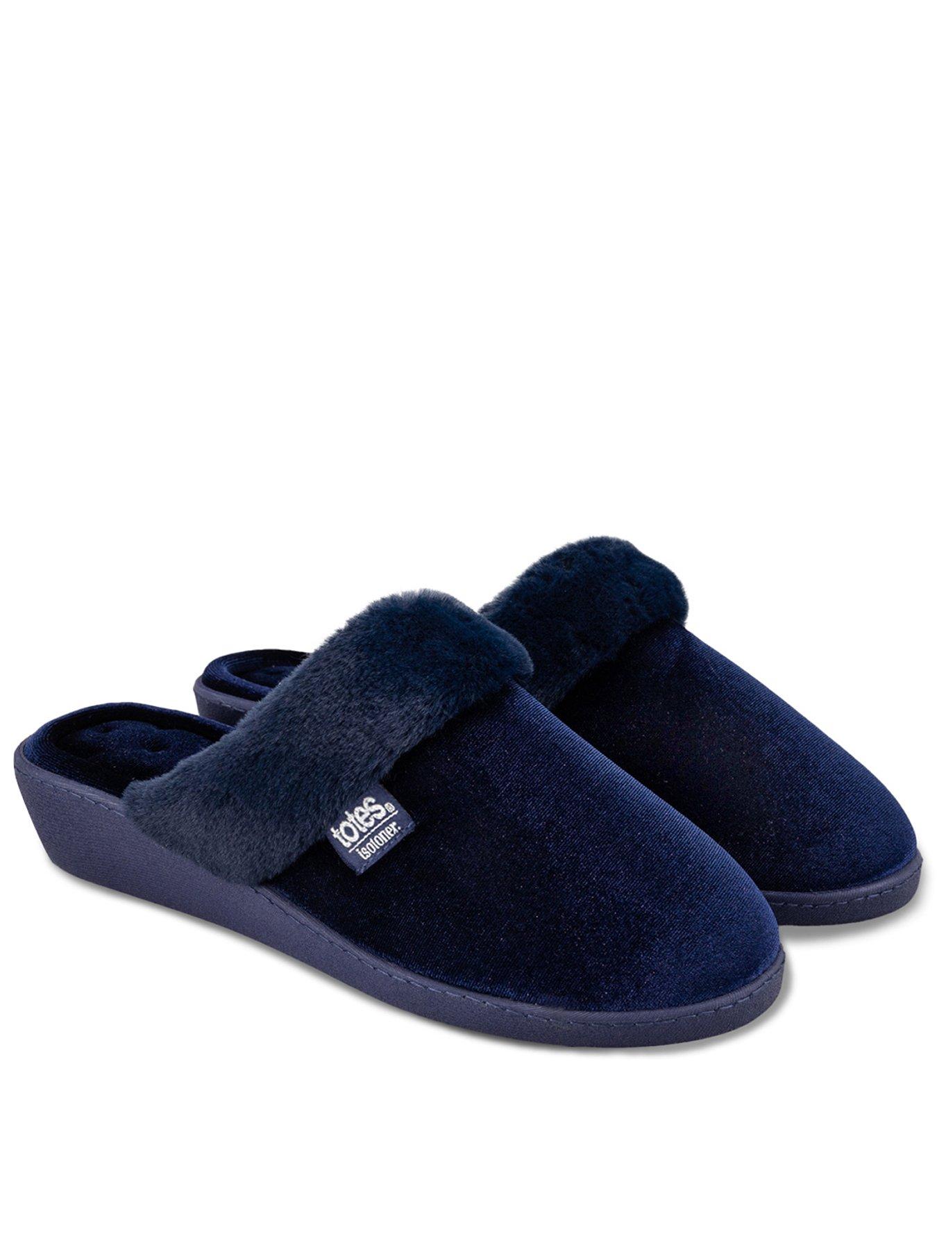 Totes Isotoner Ladies Sparkle Velour Heeled Mule - Navy