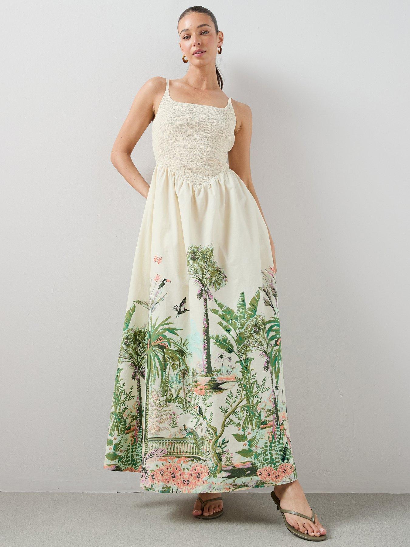 The Very Collection Shirred Bodice Scenic Border Print Midaxi Dress - Cream