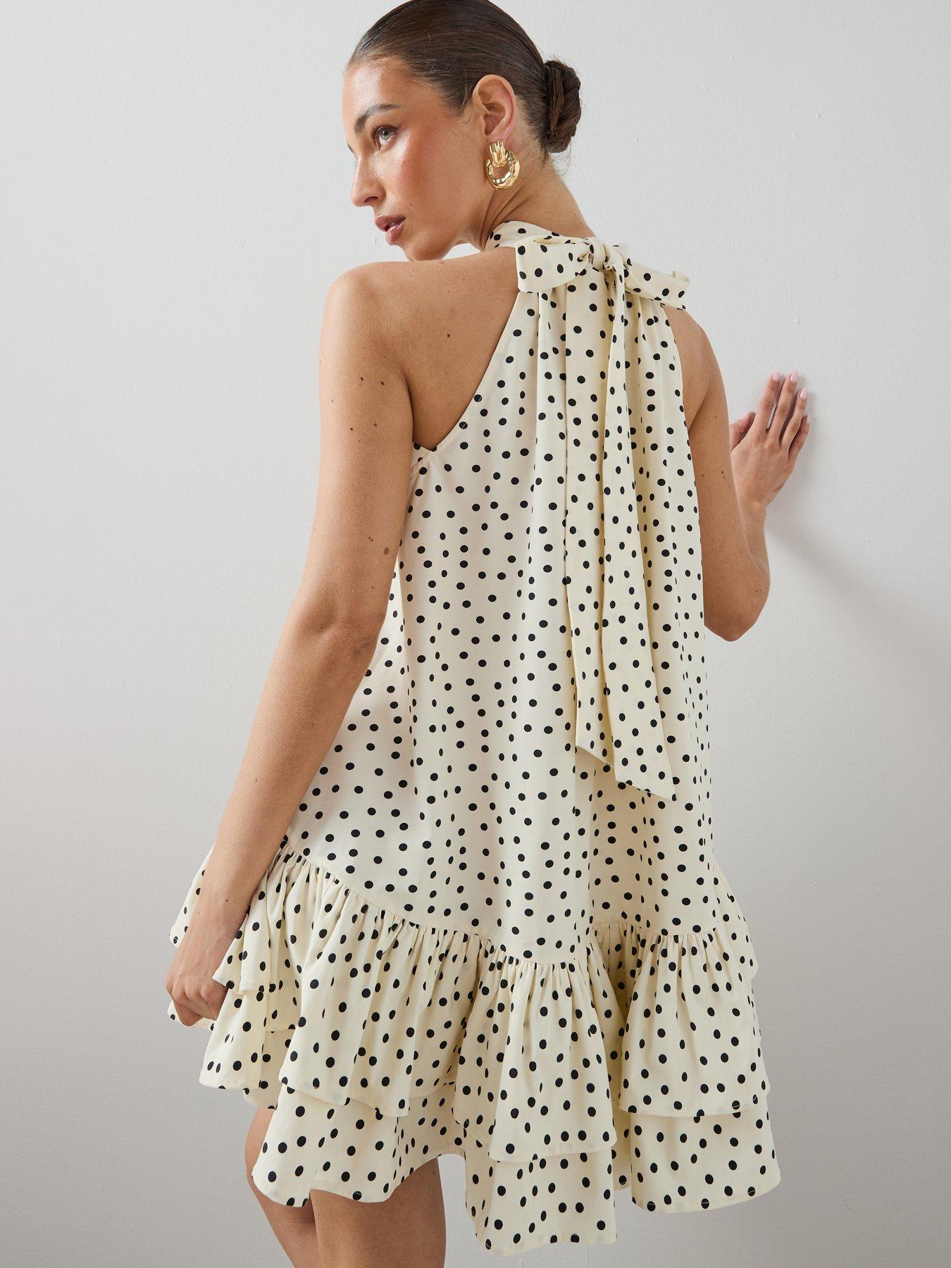 The Very Collection Polka Dot Tie Neck Double Frill Mini Dress - Print