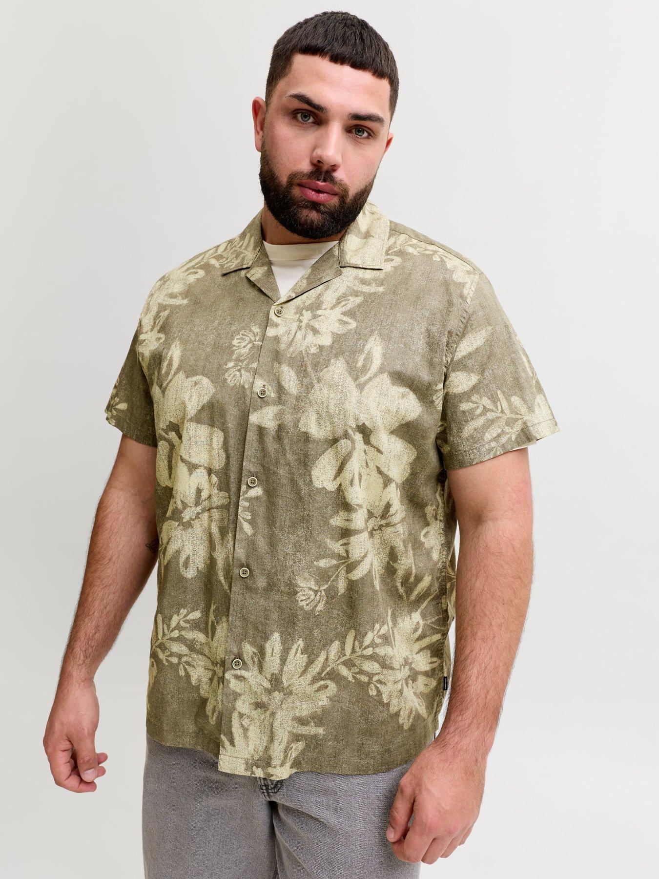 Jack & Jones Plus Premium Venice Short Sleeve Printed Shirt - Khaki