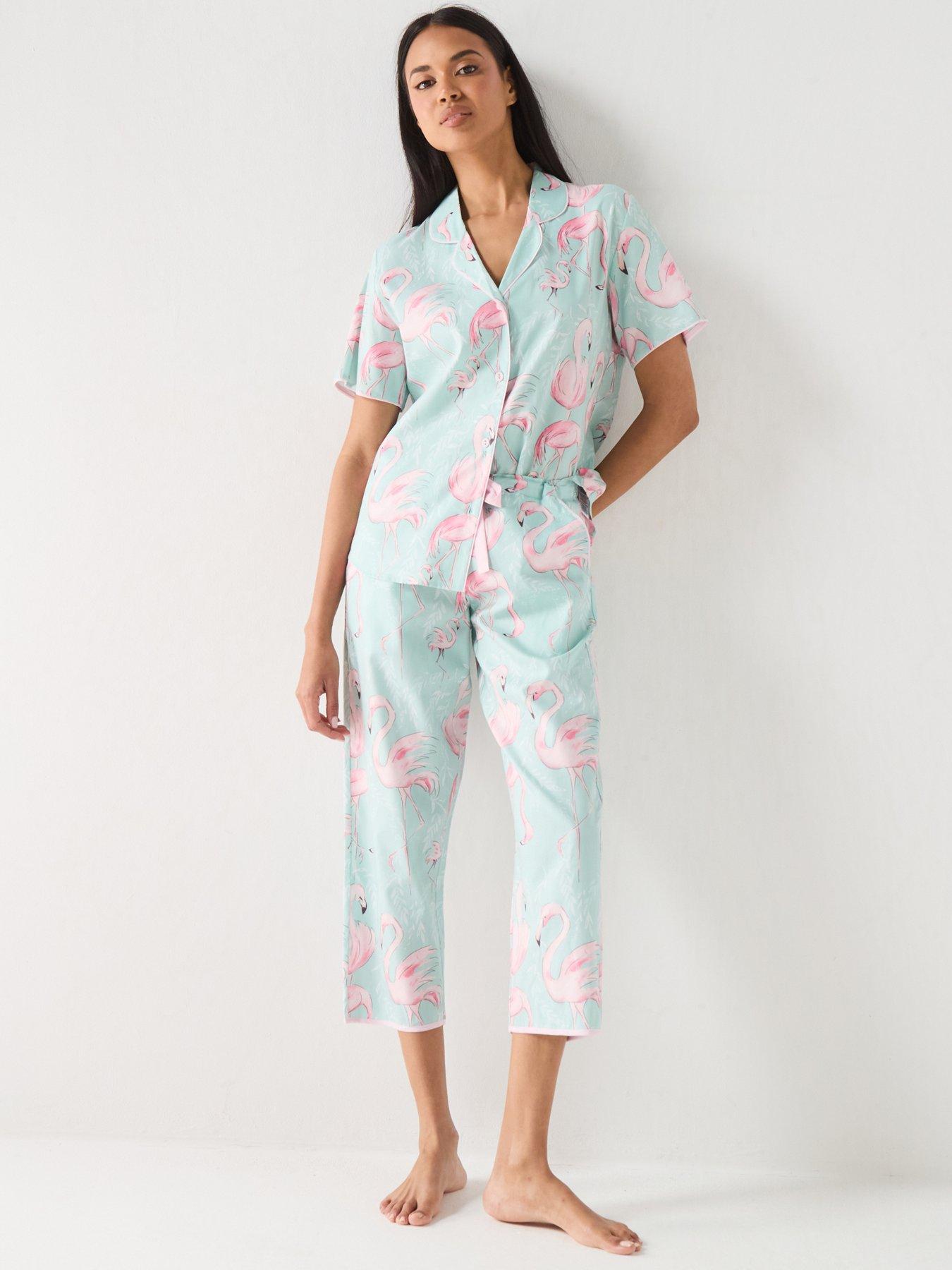 cyberjammies-francesca-mint-flamingo-print-short-sleeve-top-amp-cropped-pyjama-set-mint