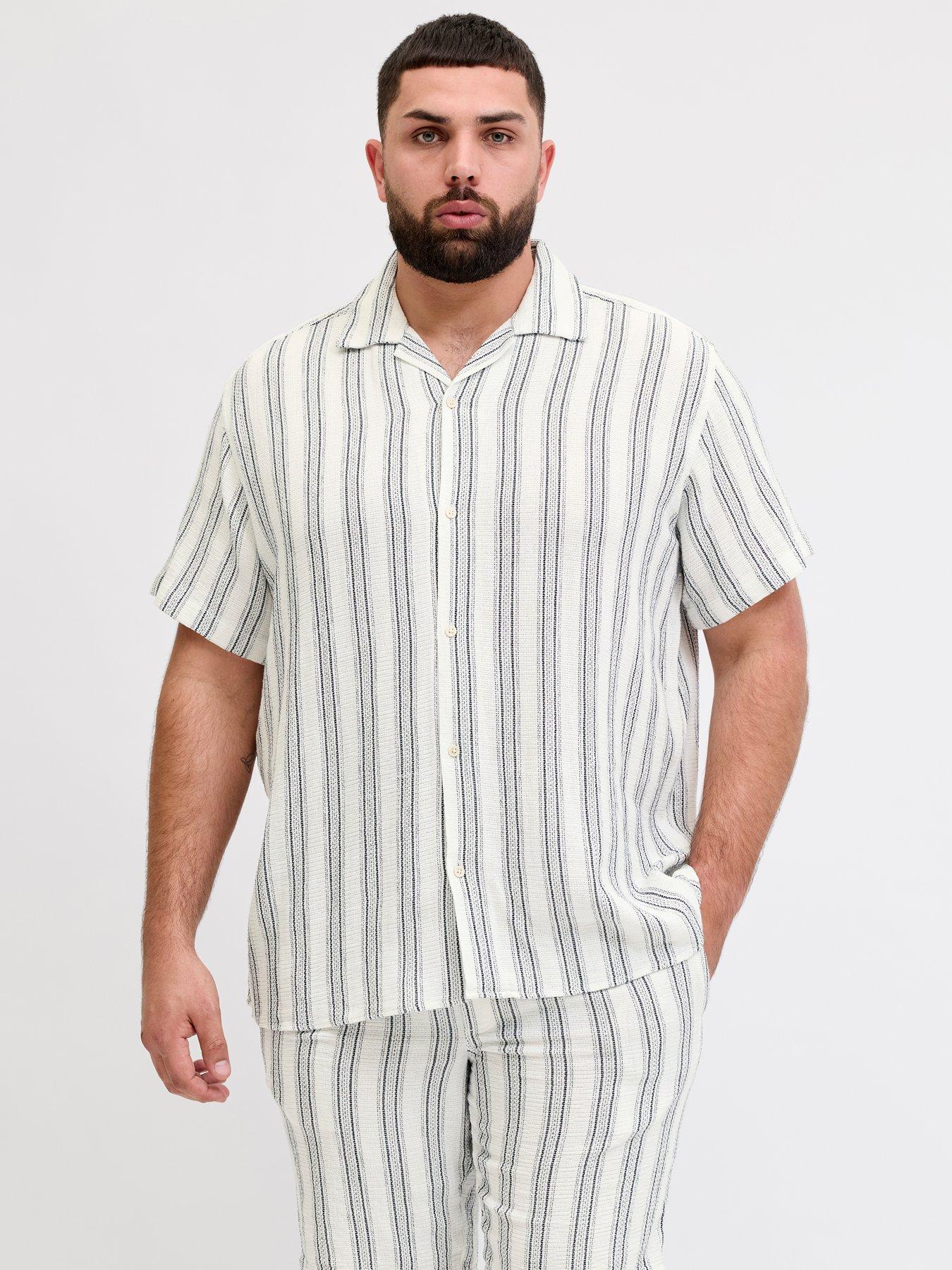 Jack & Jones Plus Coba Stripe Short Sleeve Resort Shirt - White