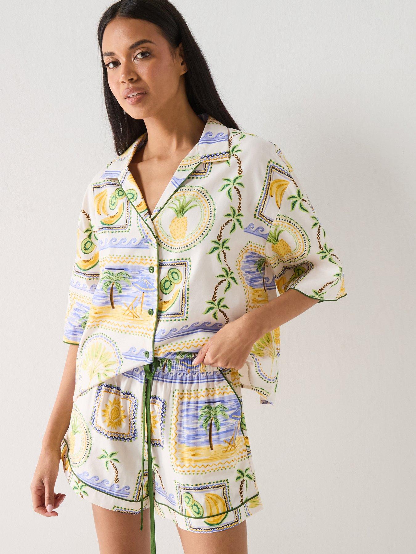 Image 1 of 7 of Cyberjammies Cora Green Postcard Print 3/4th Sleeve Shorty Set - Green