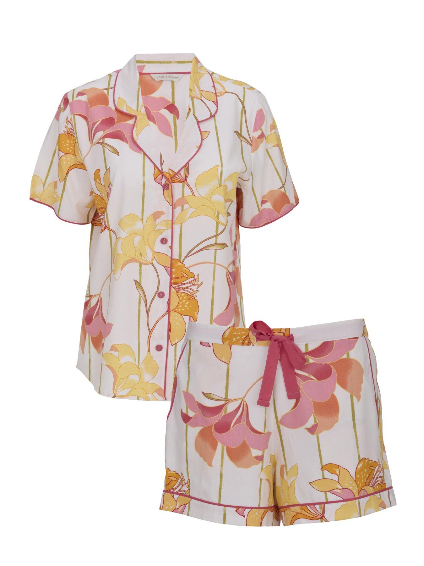 Cyberjammies Amelia Coral Pink Floral Short Sleeve Shorts Pyjama Set - Coral