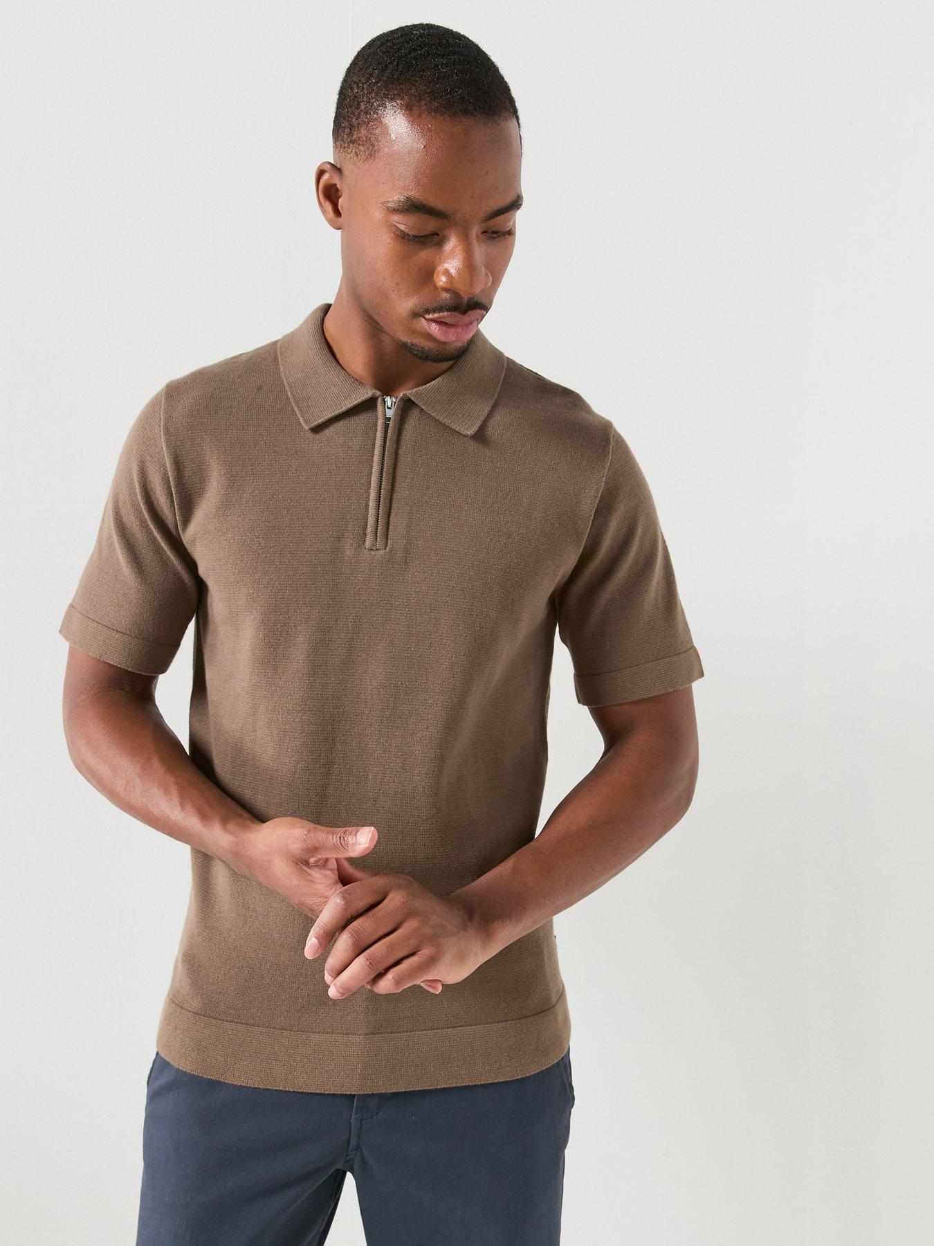 Jack & Jones Spring Knit Zip Short Sleeve Polo Top - Brown
