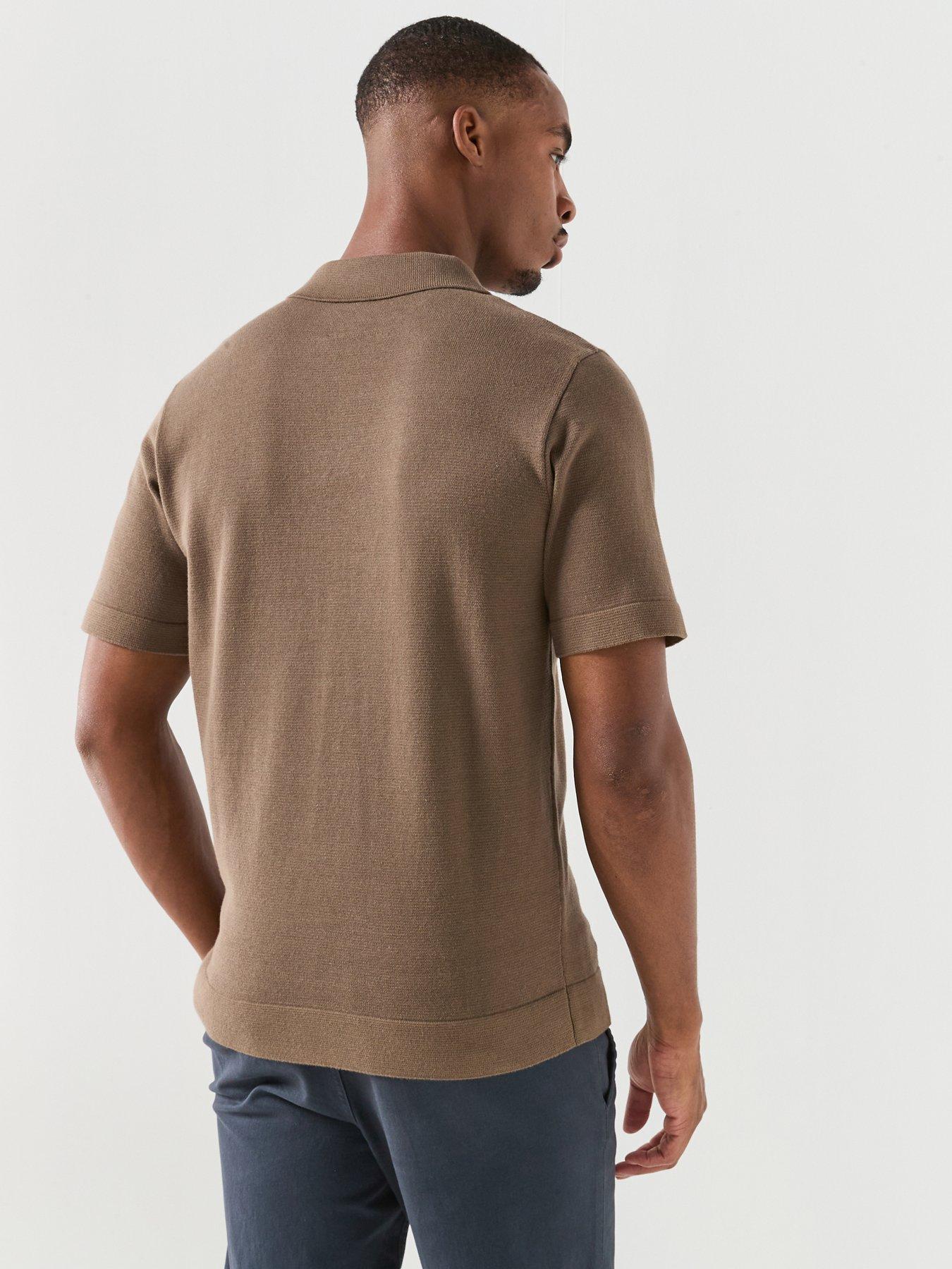 Image 2 of 5 of Jack & Jones Spring Knit Zip Short Sleeve Polo Top - Brown