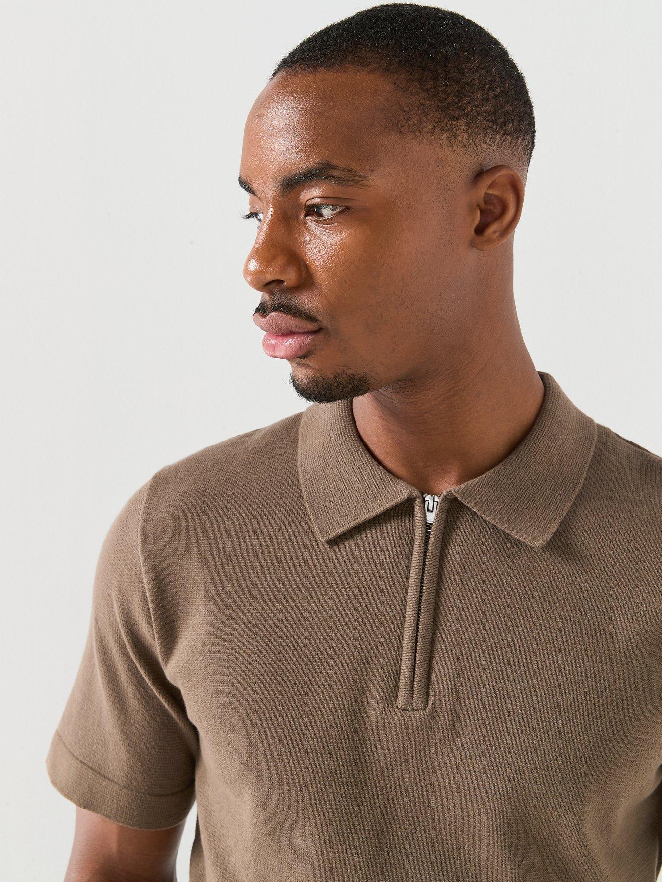 Image 5 of 5 of Jack & Jones Spring Knit Zip Short Sleeve Polo Top - Brown