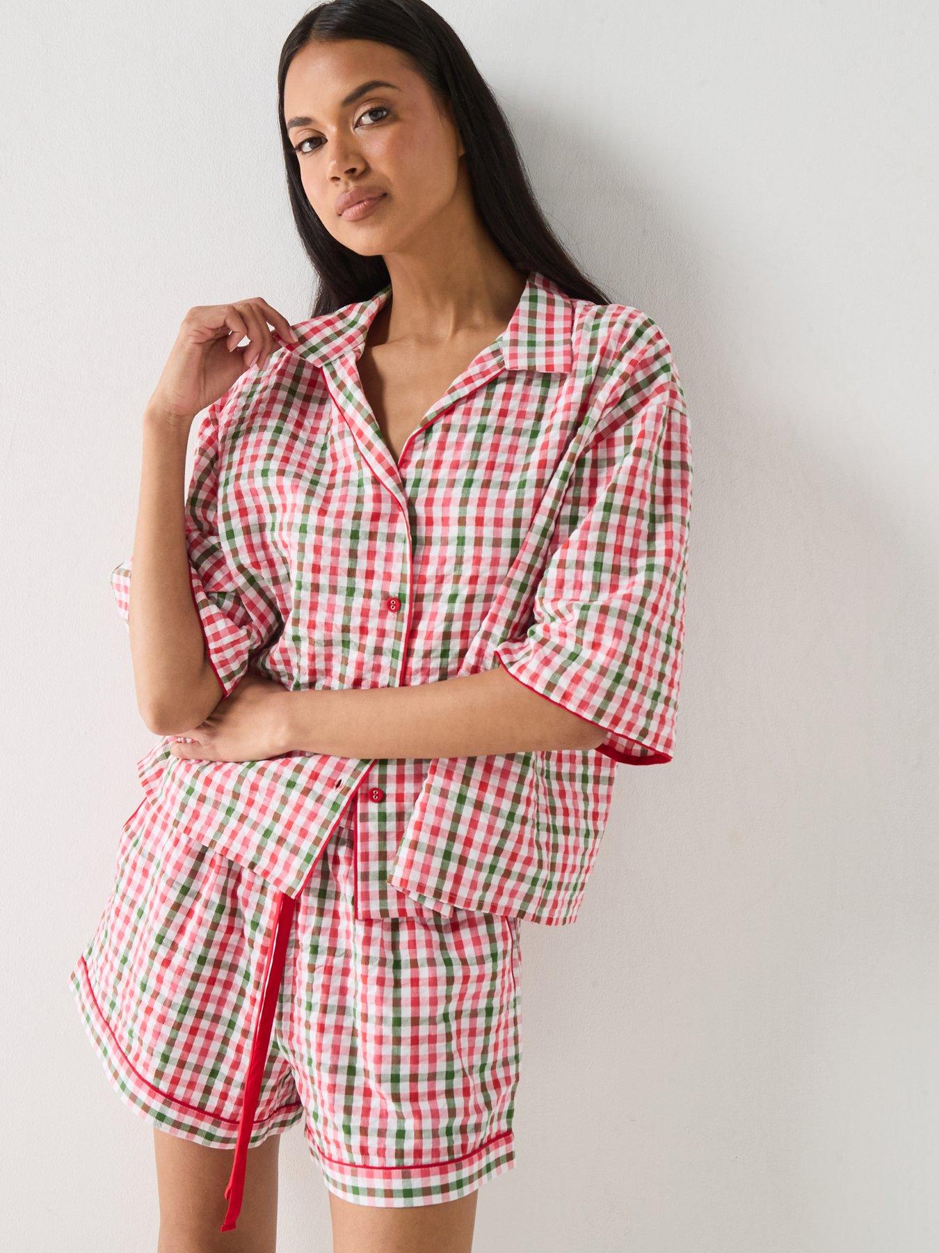 cyberjammies-cyberjammies-tara-red-seersucker-check-relaxed-34th-sleeve-shorty-set-red