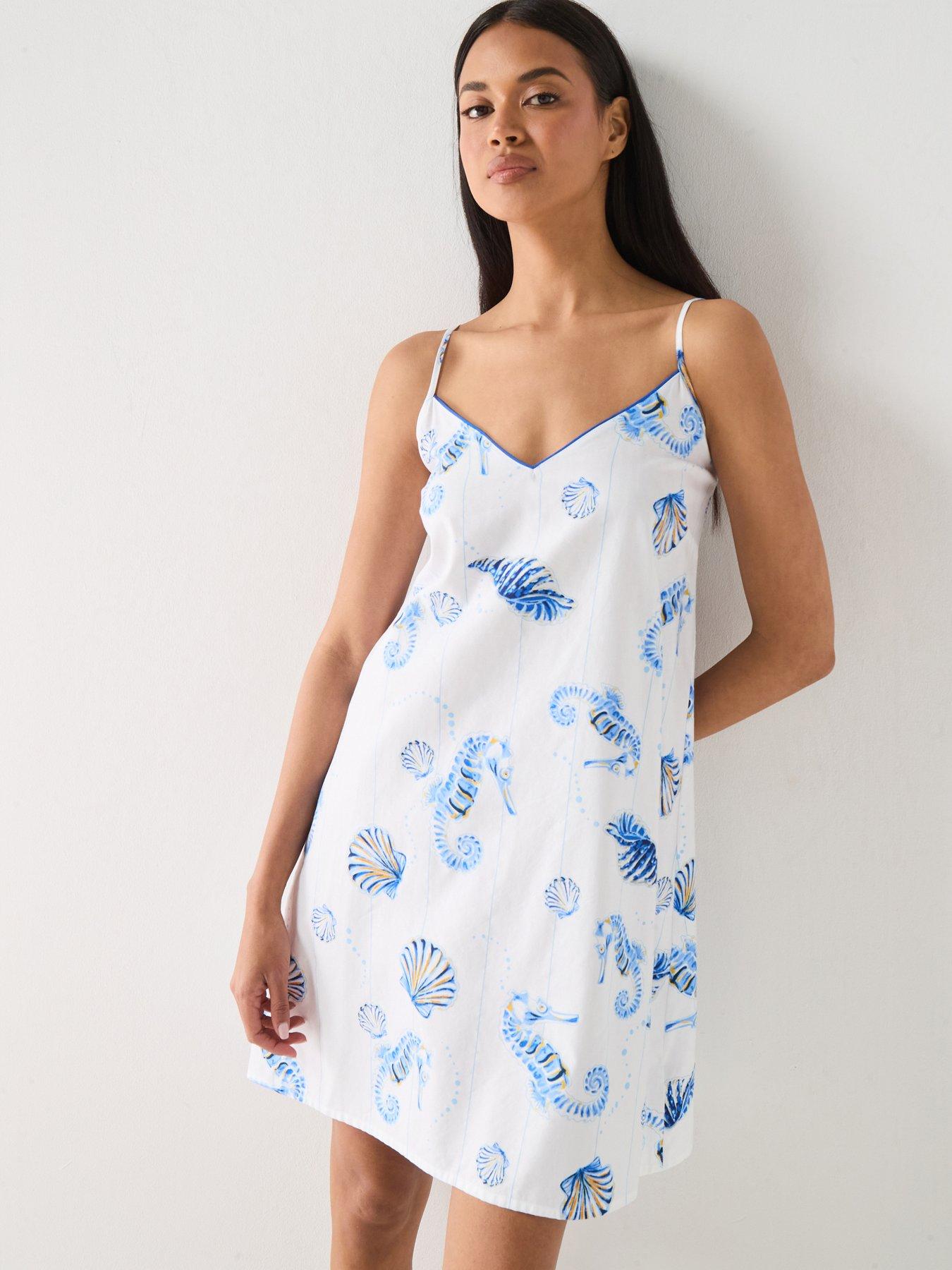 Image 1 of 7 of Cyberjammies Essie Dark Blue Sea Horse Stripe Print Strappy Short Nightdress - Blue