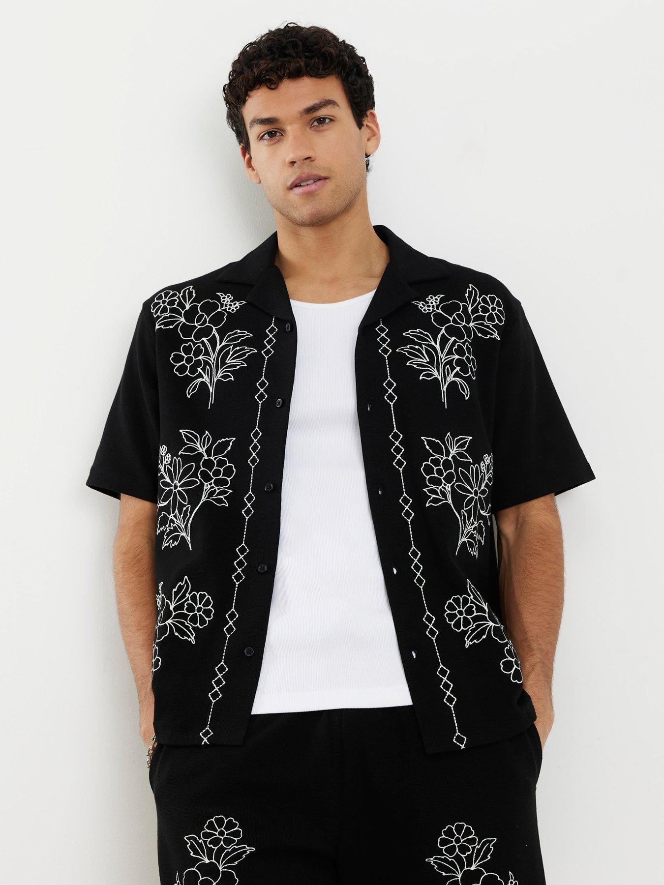 River Island Short Sleeve Floral Border Embroidered Shirt - Black
