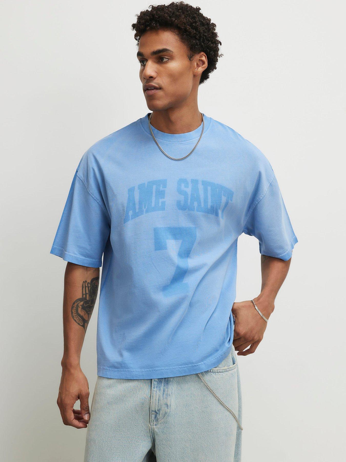 Image 1 of 6 of River Island Short Sleeve Ame Saint 7 T-Shirt - Blue