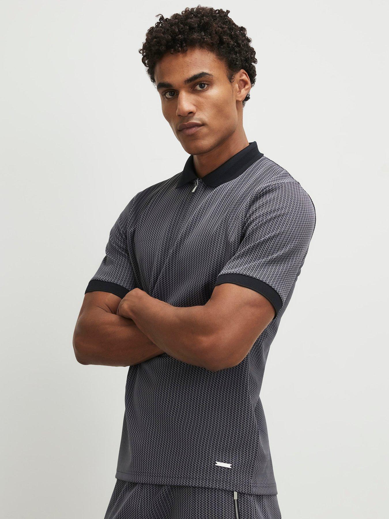 River Island Slim Jacquard Zip Polo Shirt - Black