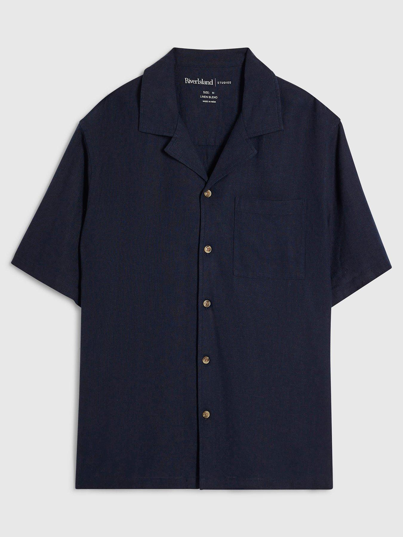 River Island Linen Blend Revere Short Sleeve Shirt - Navy