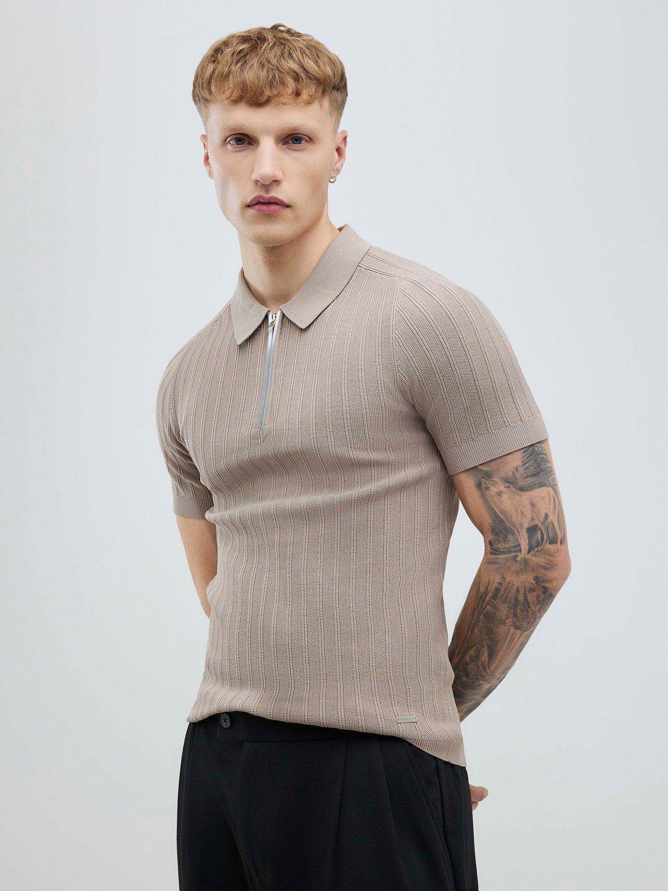 river-island-short-sleeve-ribbed-muscle-fit-polo-shirt-beige
