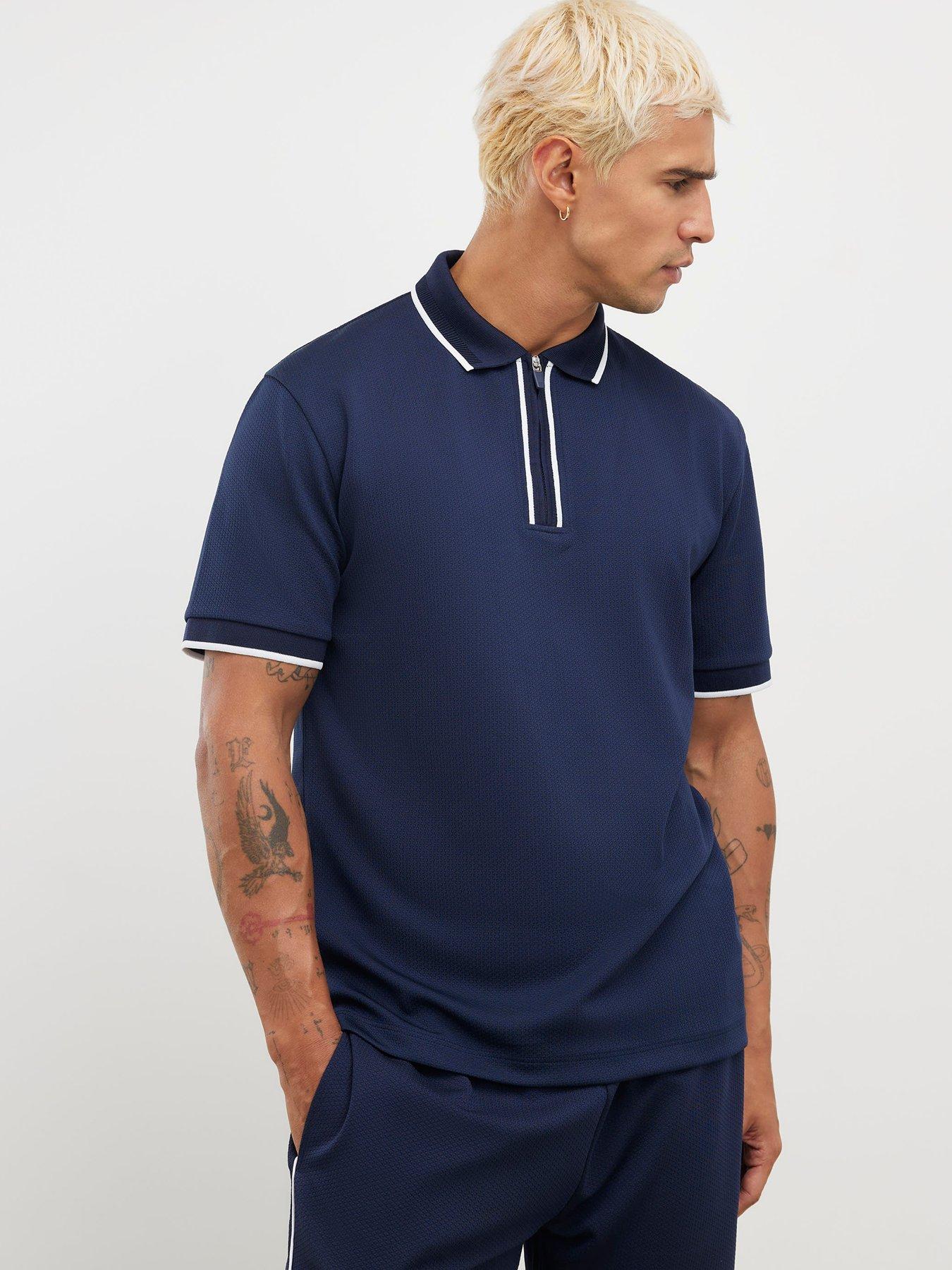 River Island Slim Racking Zip Polo Shirt - Navy