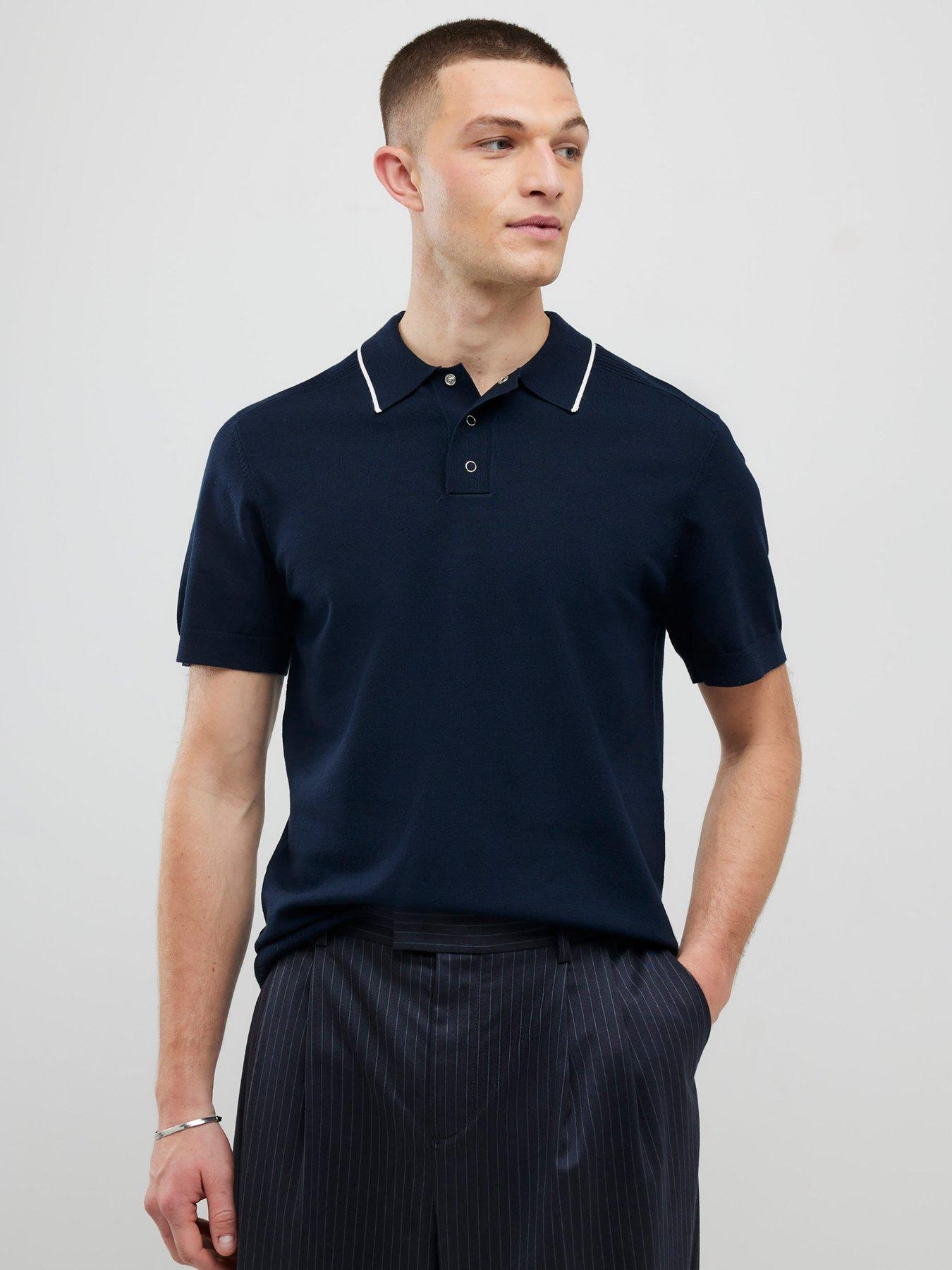 River Island Short Sleeve Engineered Knitted Polo Shirt - Navy