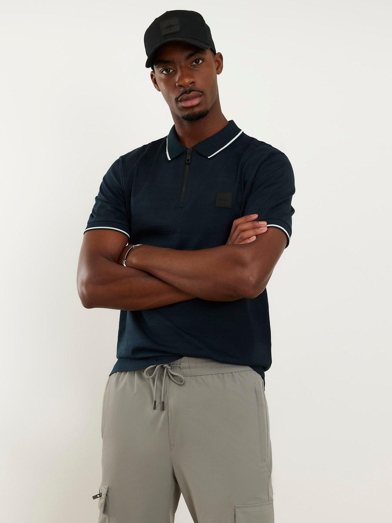 River Island Slim Jacquard Stripe Polo Shirt - Navy