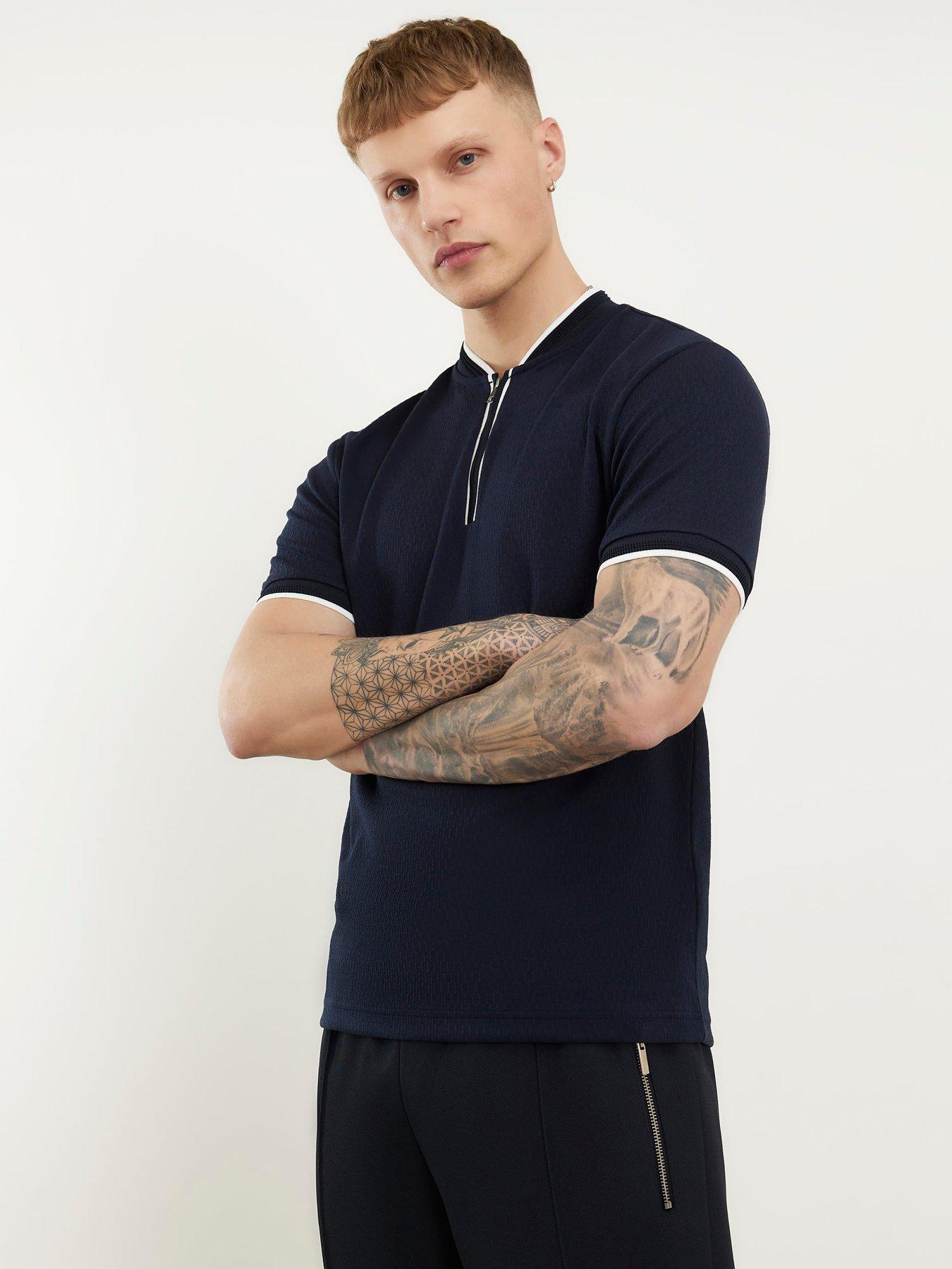 River Island Short Sleeve Slim Baseball Polo Shirt - Navy