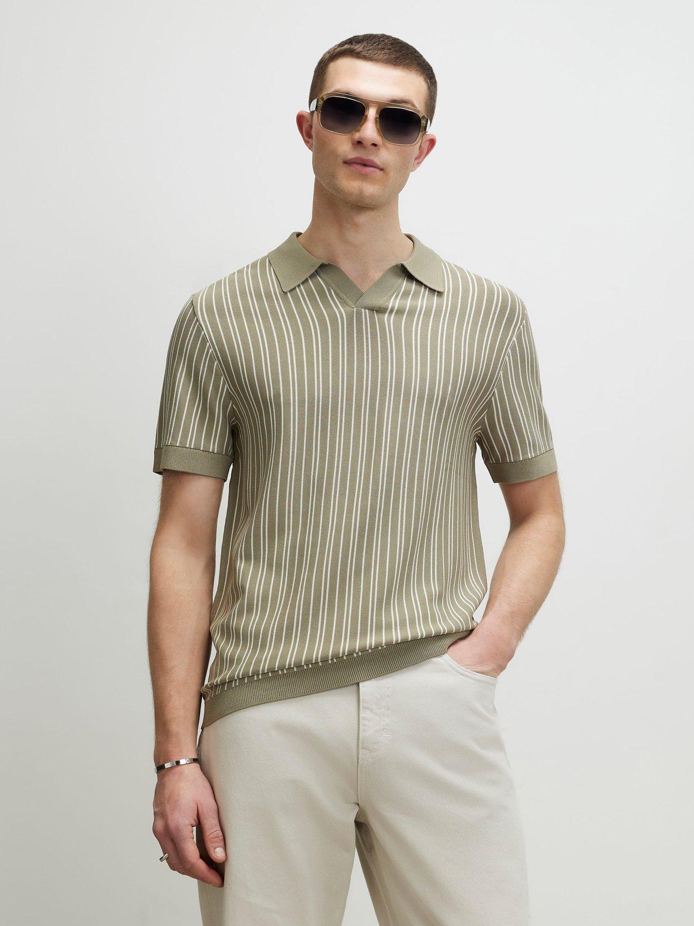 River Island Pinstripe Open Collar Knitted Polo Shirt - Green