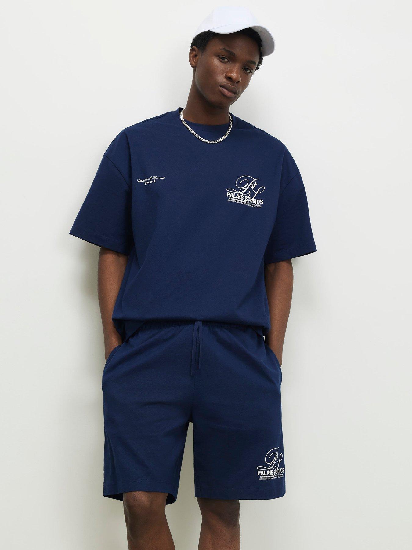 River Island Short Sleeve Boxy T-Shirt And Short Set - Navy