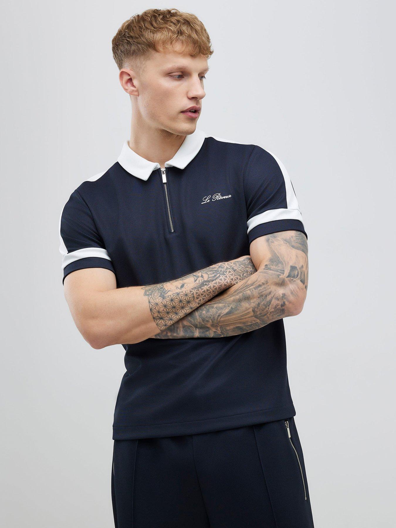 River Island Slim Pique Short Sleeve Blocked Polo Shirt - Navy